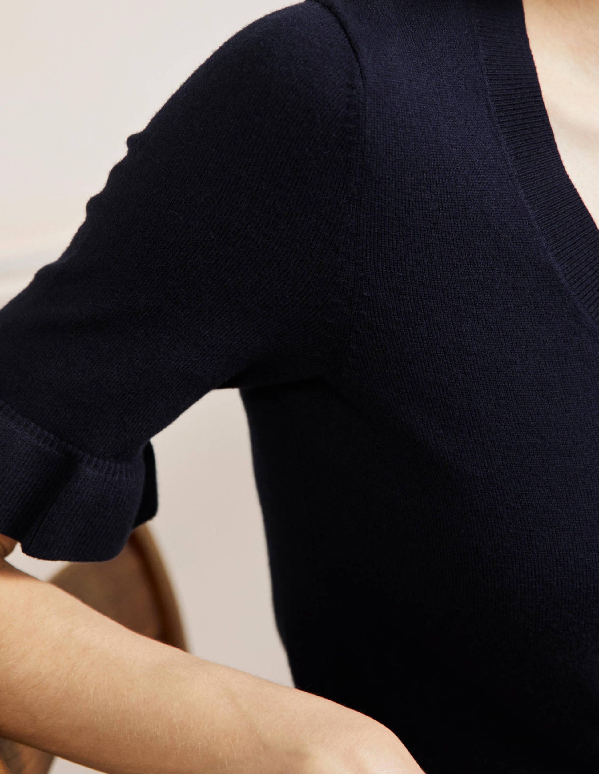 Frill Sleeve Knitted T-Shirt-Navy-2