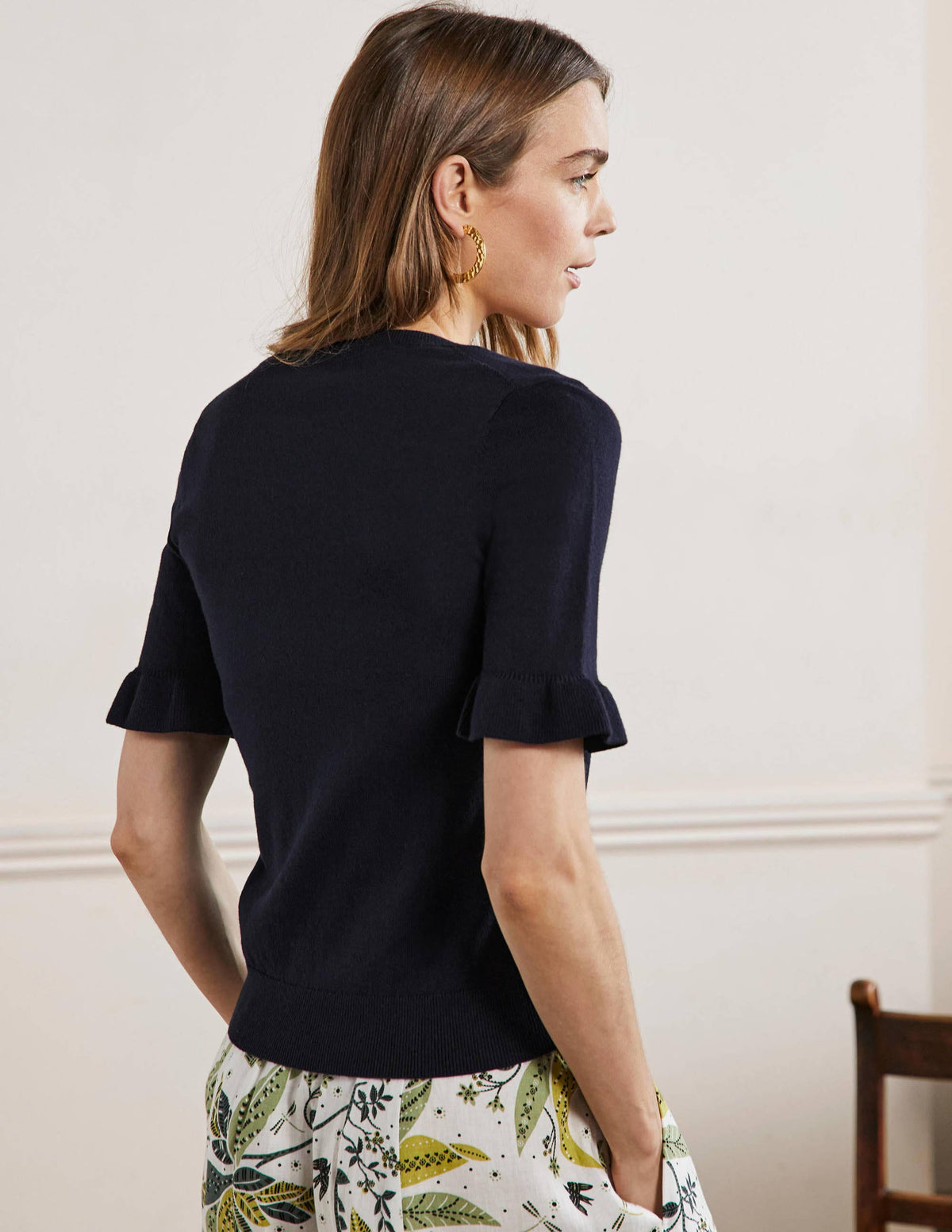 Frill Sleeve Knitted T-Shirt-Navy-3