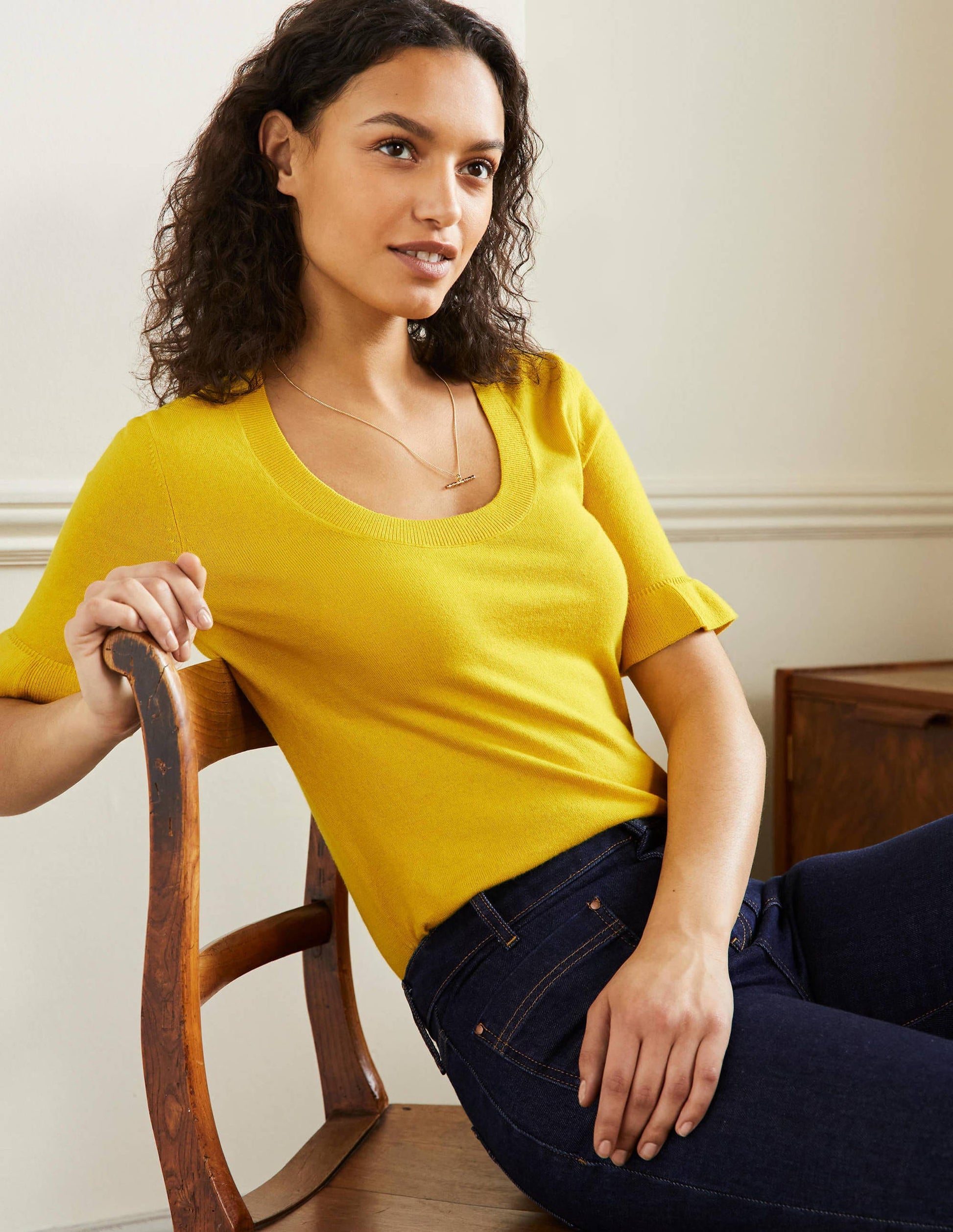 Frill Sleeve Knitted T-Shirt-Lemon Fizz-4