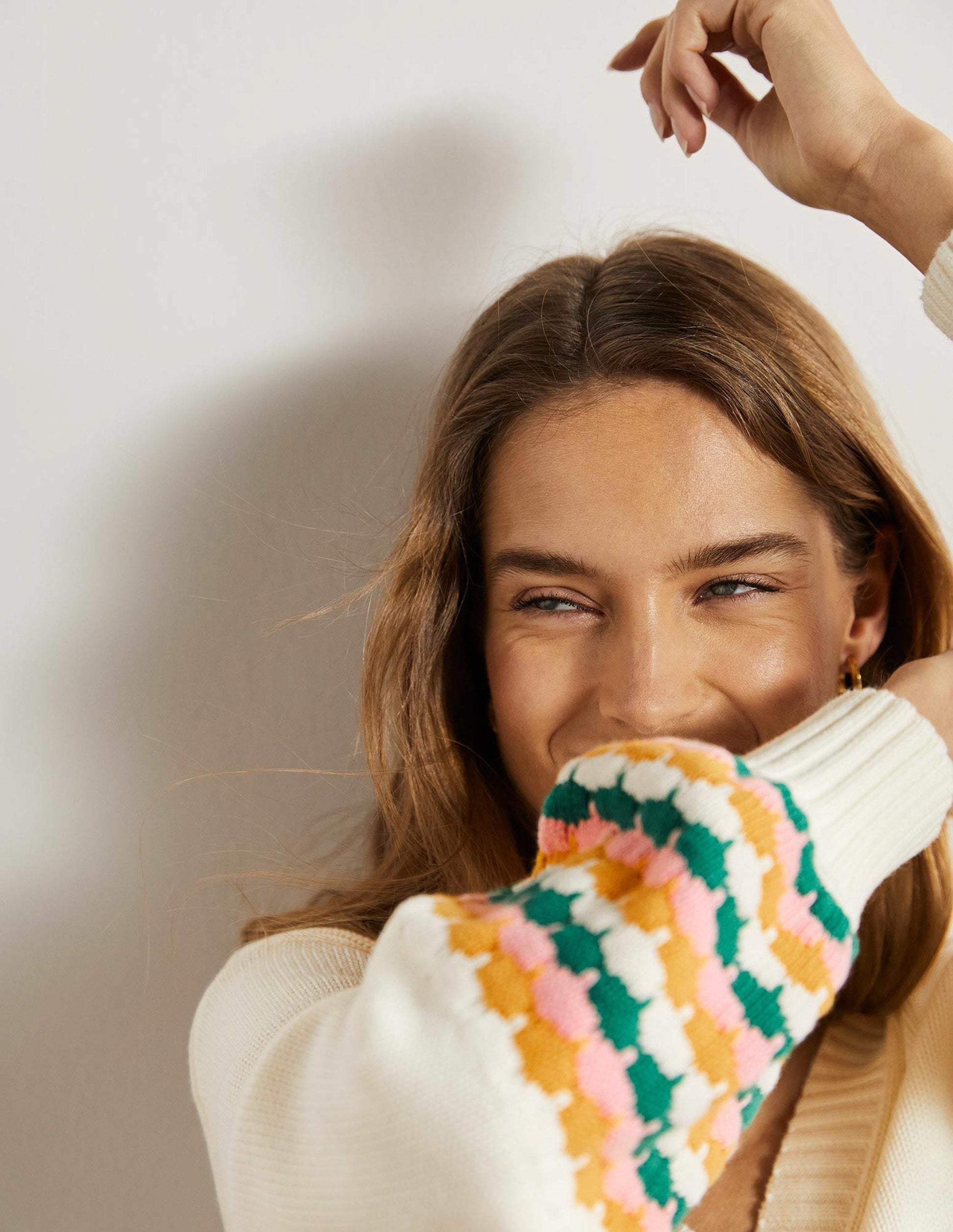 Stitch Cuff V-neck Jumper-Ivory, Stripe-6