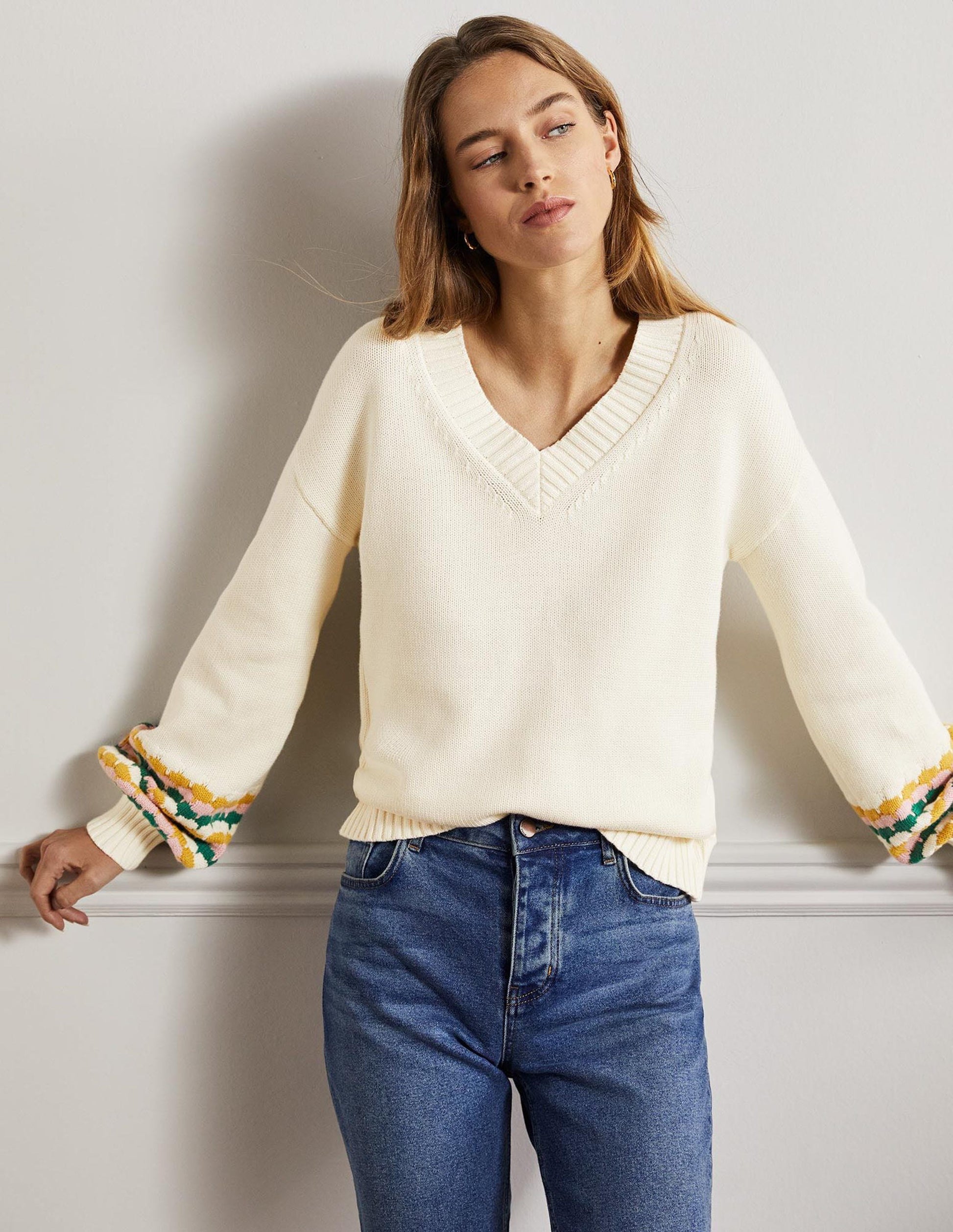 Stitch Cuff V-neck Jumper-Ivory, Stripe-7