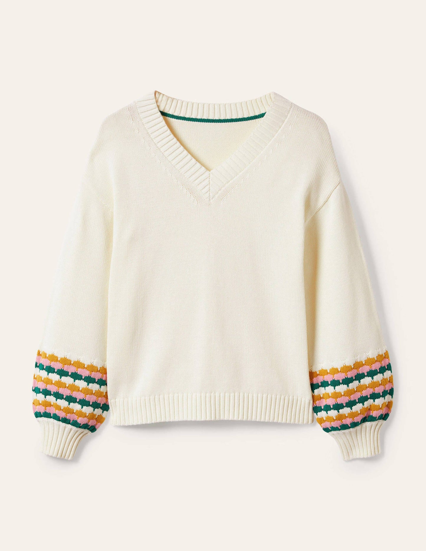 Stitch Cuff V-neck Jumper-Ivory, Stripe