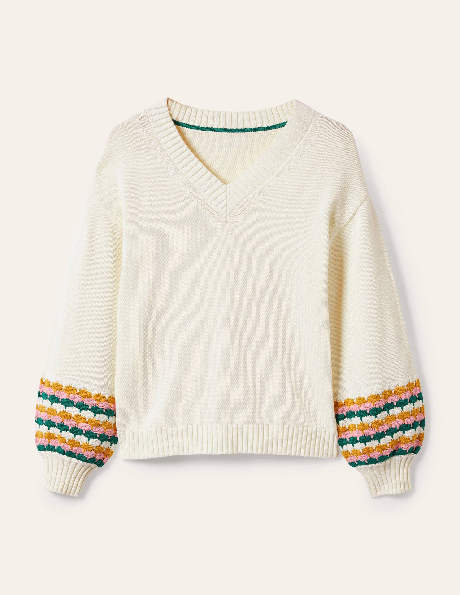 Stitch Cuff V-neck Jumper-Ivory, Stripe-8