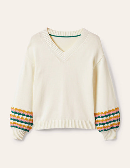Stitch Cuff V-neck Jumper-Ivory, Stripe-8