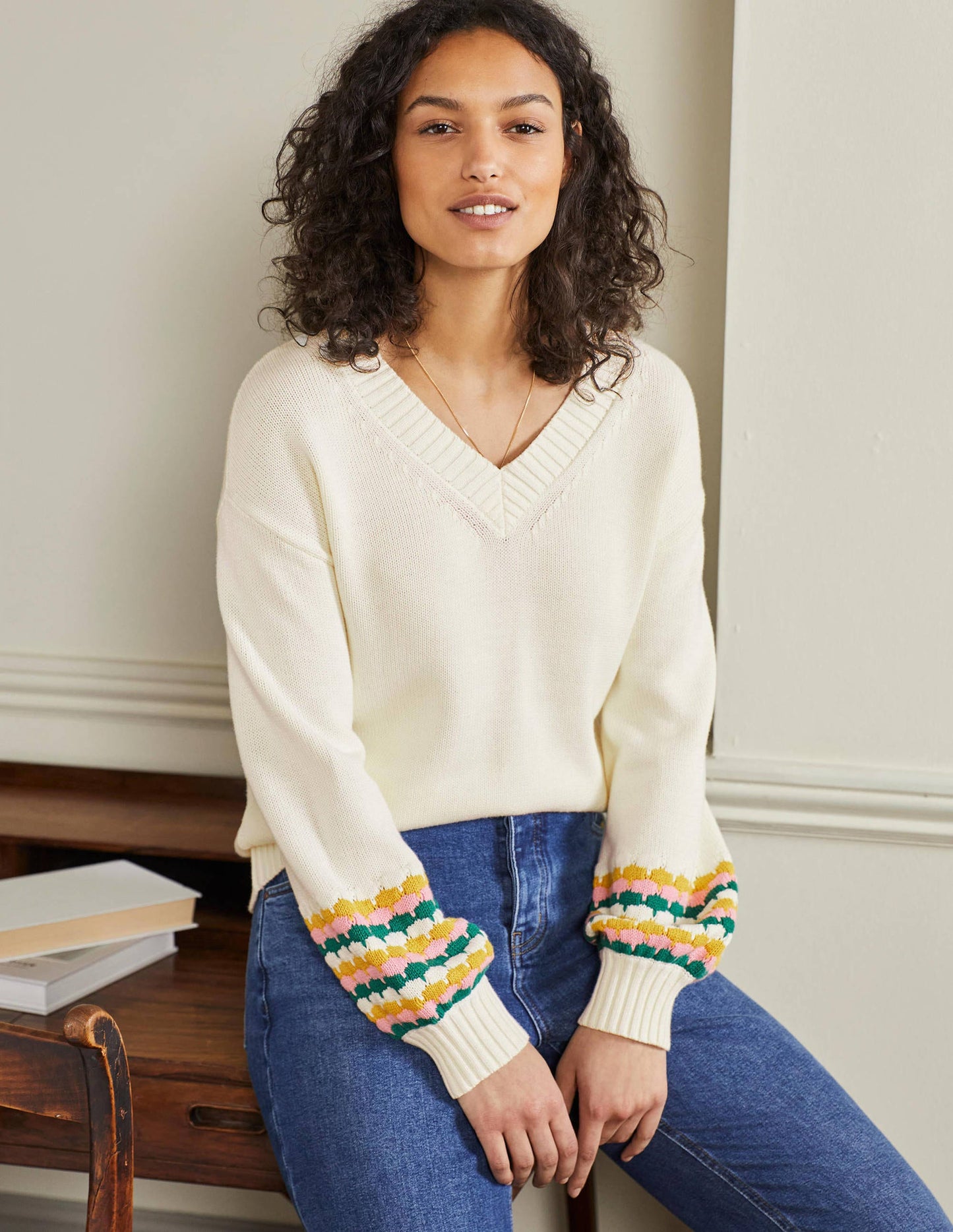 Stitch Cuff V-neck Jumper-Ivory, Stripe