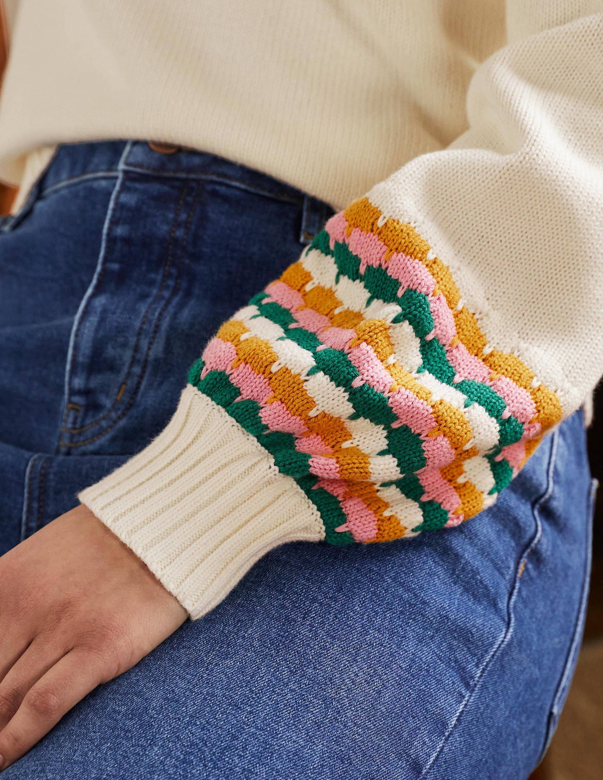 Stitch Cuff V-neck Jumper-Ivory, Stripe-2