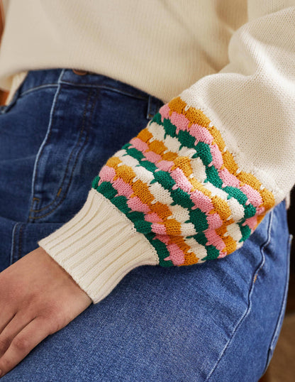 Stitch Cuff V-neck Jumper-Ivory, Stripe-2