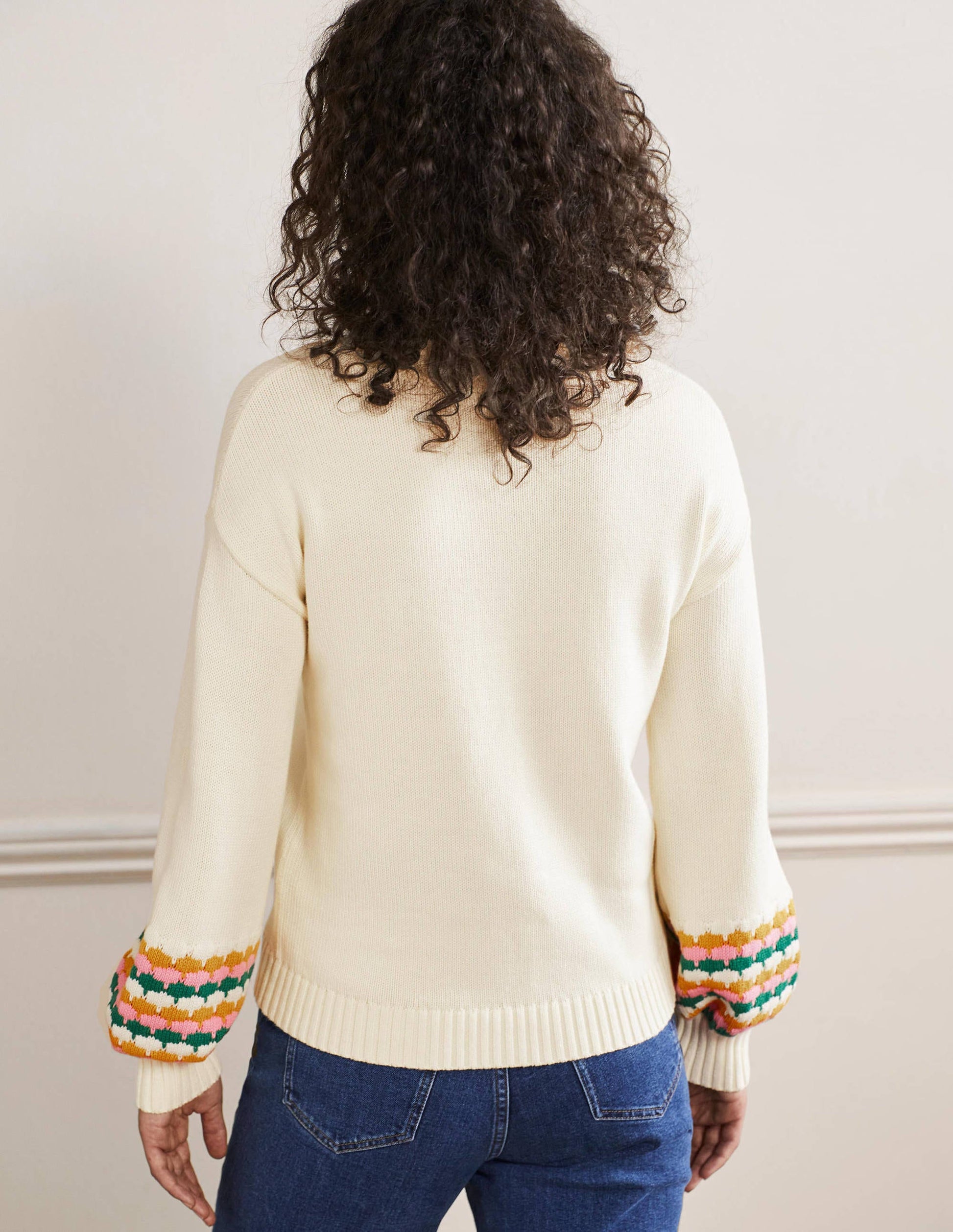 Stitch Cuff V-neck Jumper-Ivory, Stripe-3