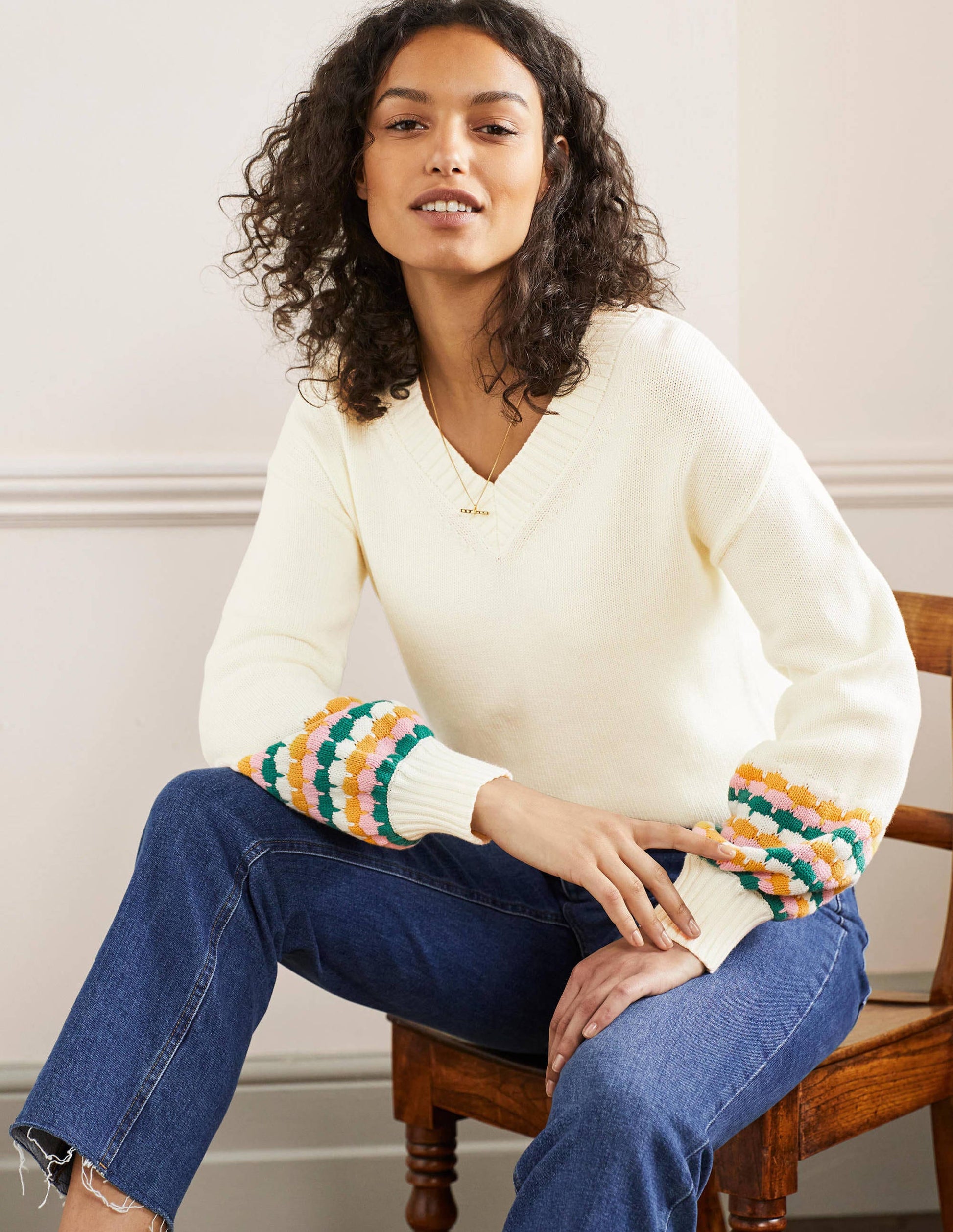 Stitch Cuff V-neck Jumper-Ivory, Stripe-4