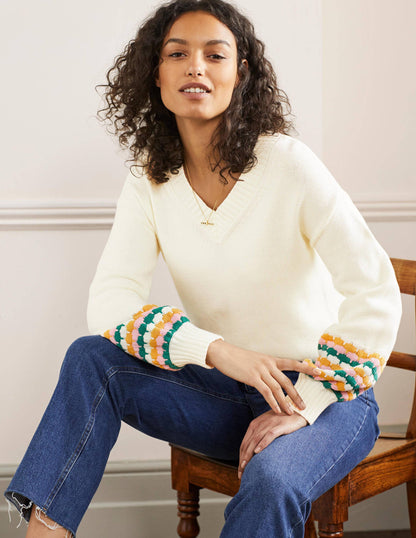 Stitch Cuff V-neck Jumper-Ivory, Stripe-4