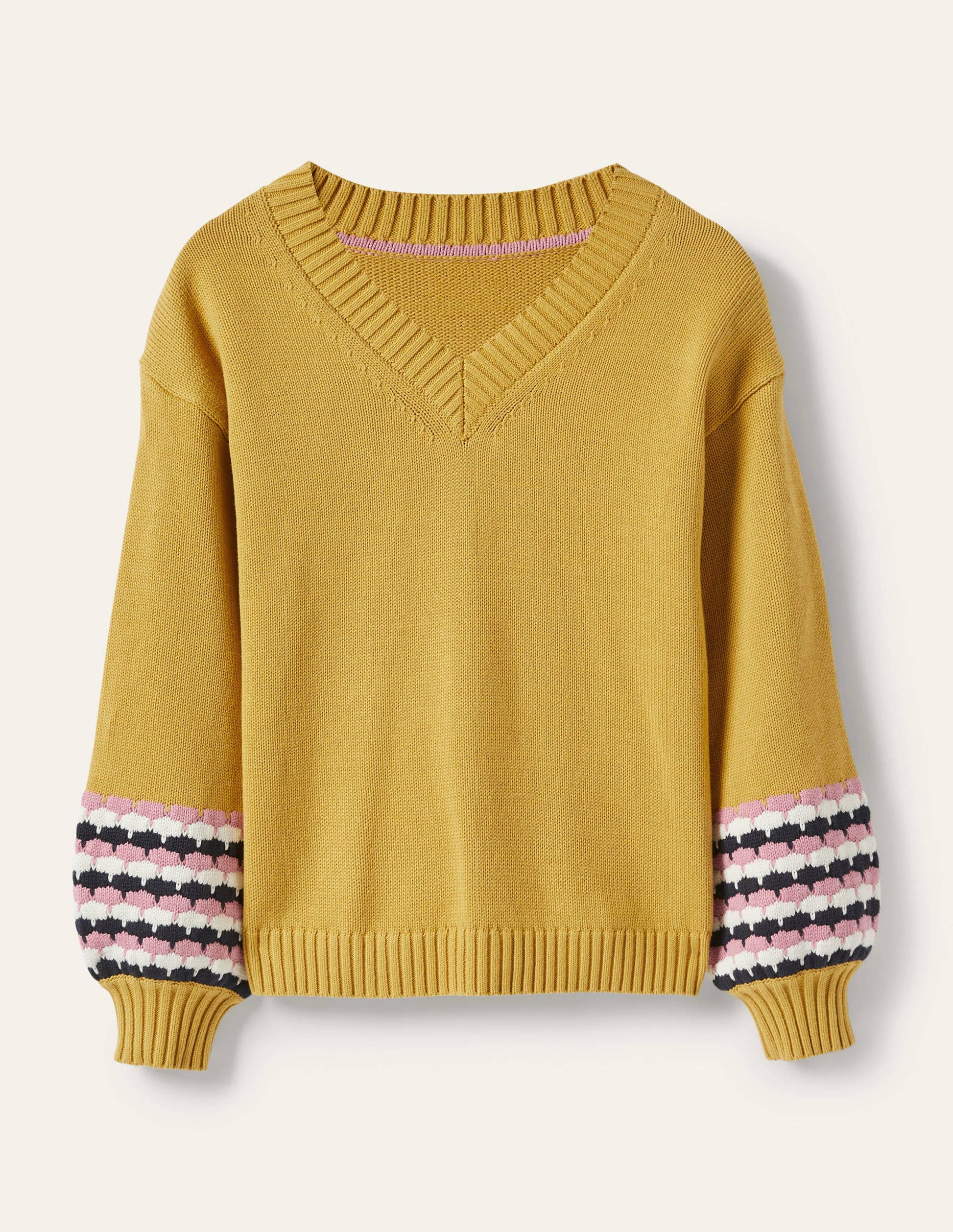 Stitch Cuff V-neck Jumper-Butter, Stripe-5