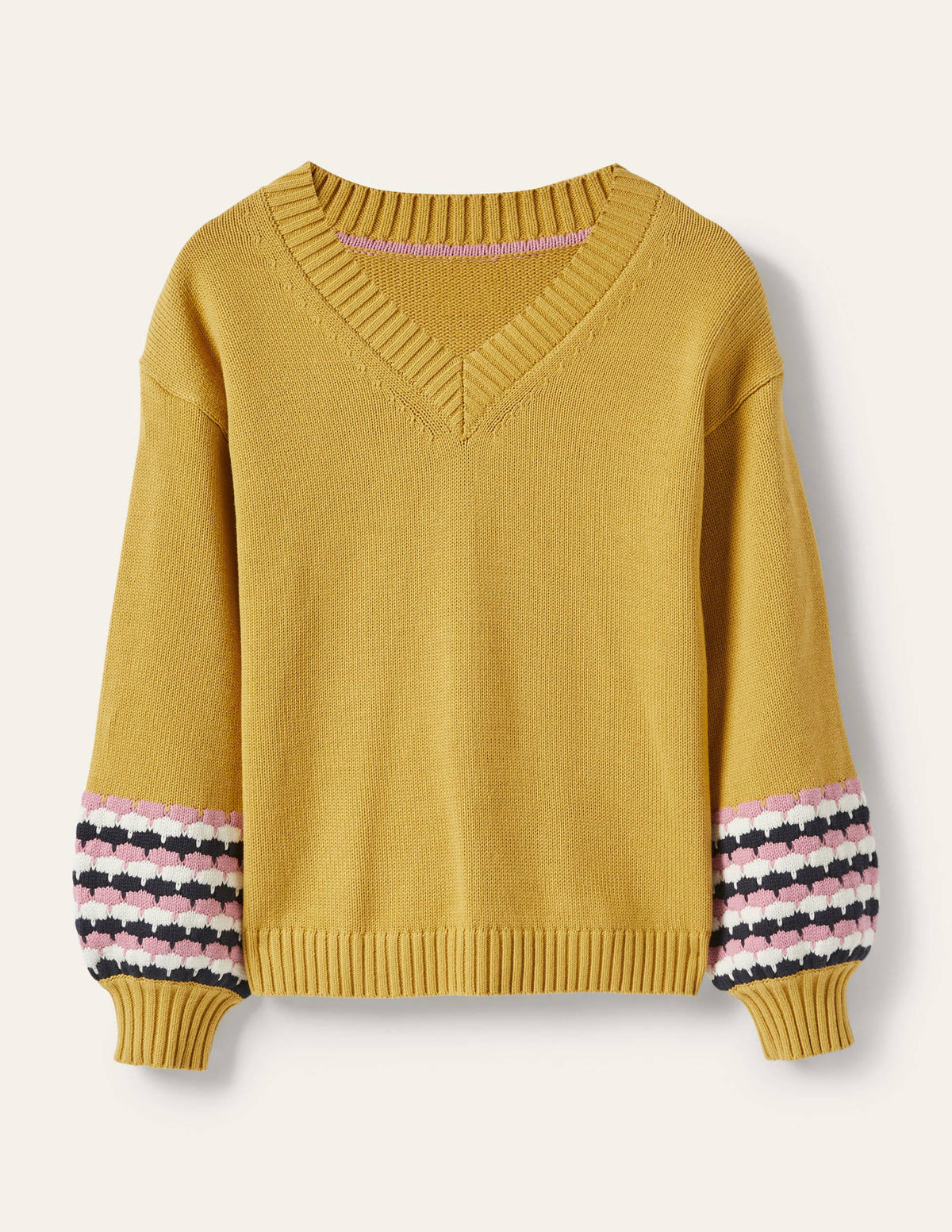 Stitch Cuff V-neck Jumper-Butter, Stripe - Image 5