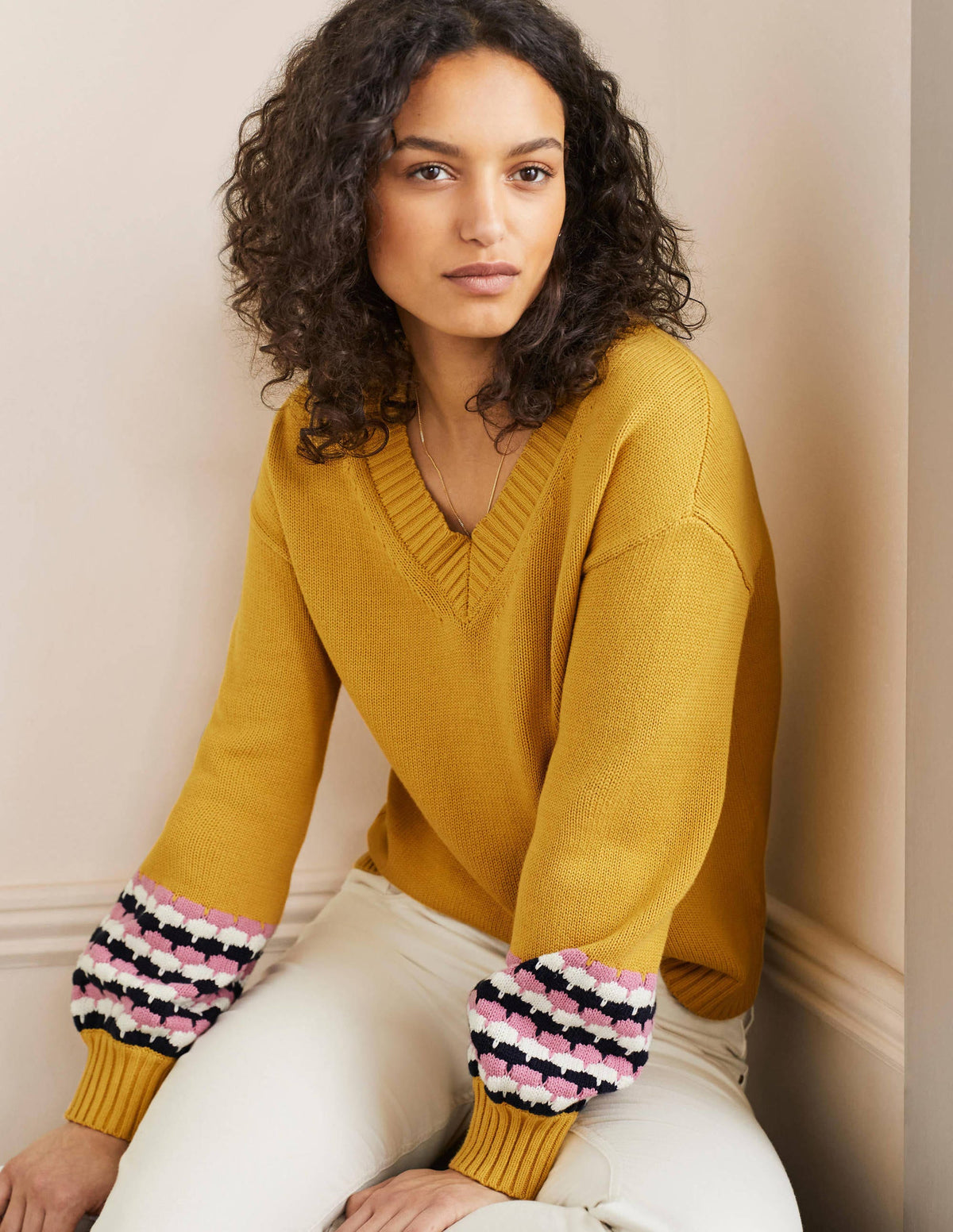 Stitch Cuff V-neck Jumper-Butter, Stripe - Image 1