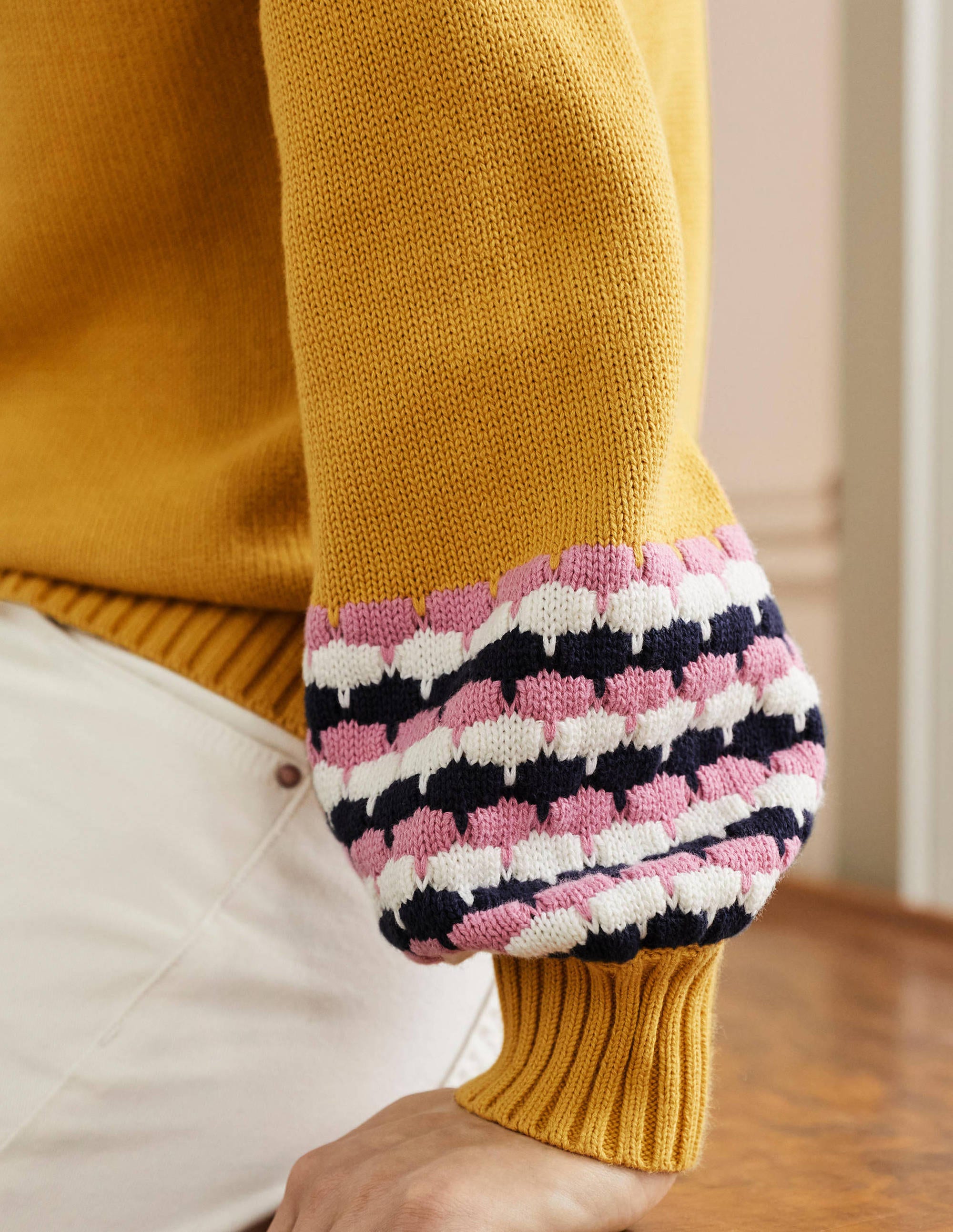 Stitch Cuff V-neck Jumper-Butter, Stripe - Image 2