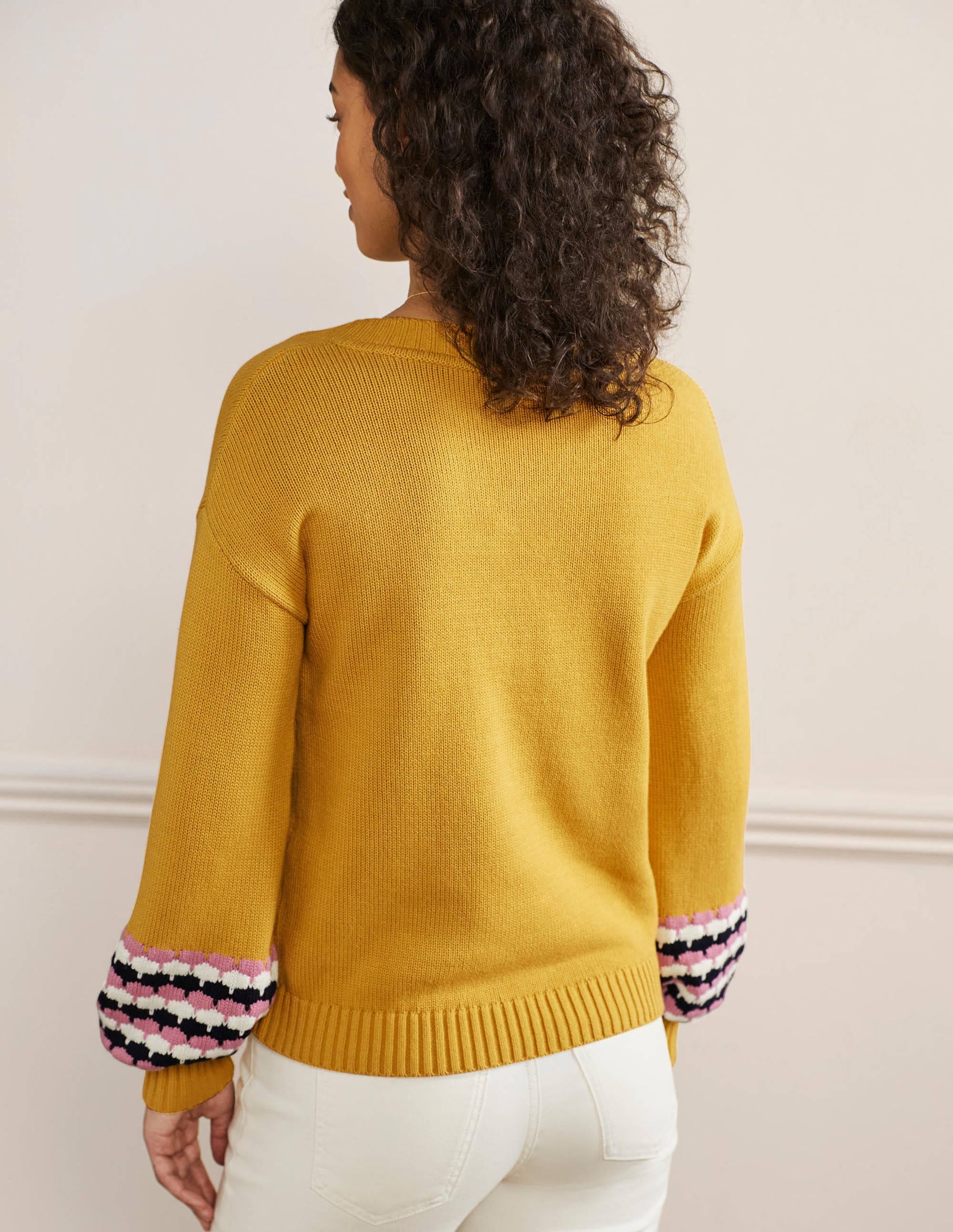 Stitch Cuff V-neck Jumper-Butter, Stripe - Image 3