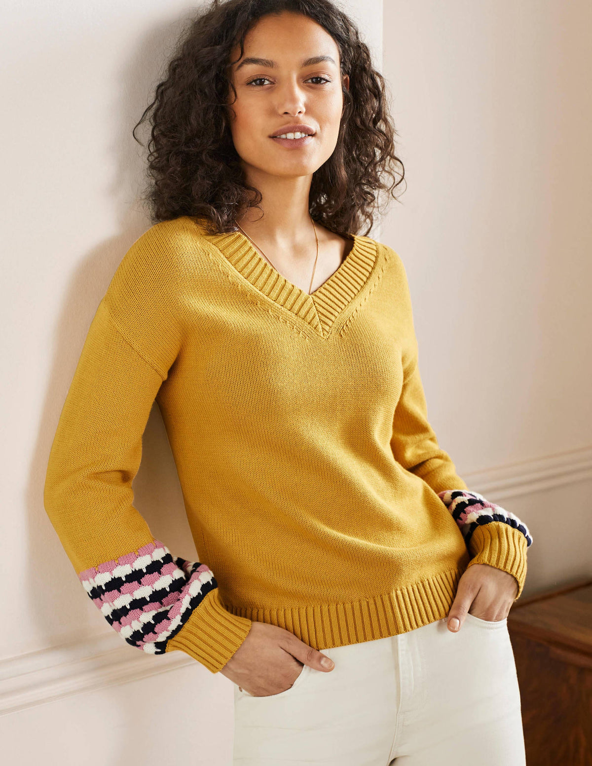 Stitch Cuff V-neck Jumper-Butter, Stripe-4