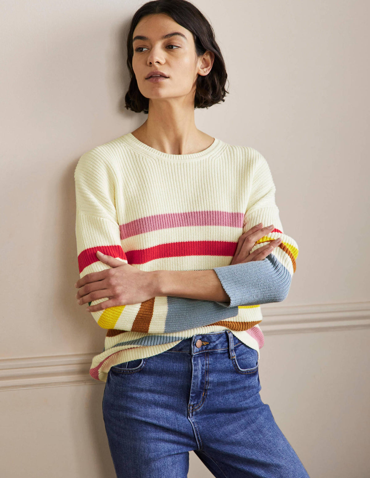 Striped Wide Sleeve Jumper-Ivory, Rainbow Stripe-1