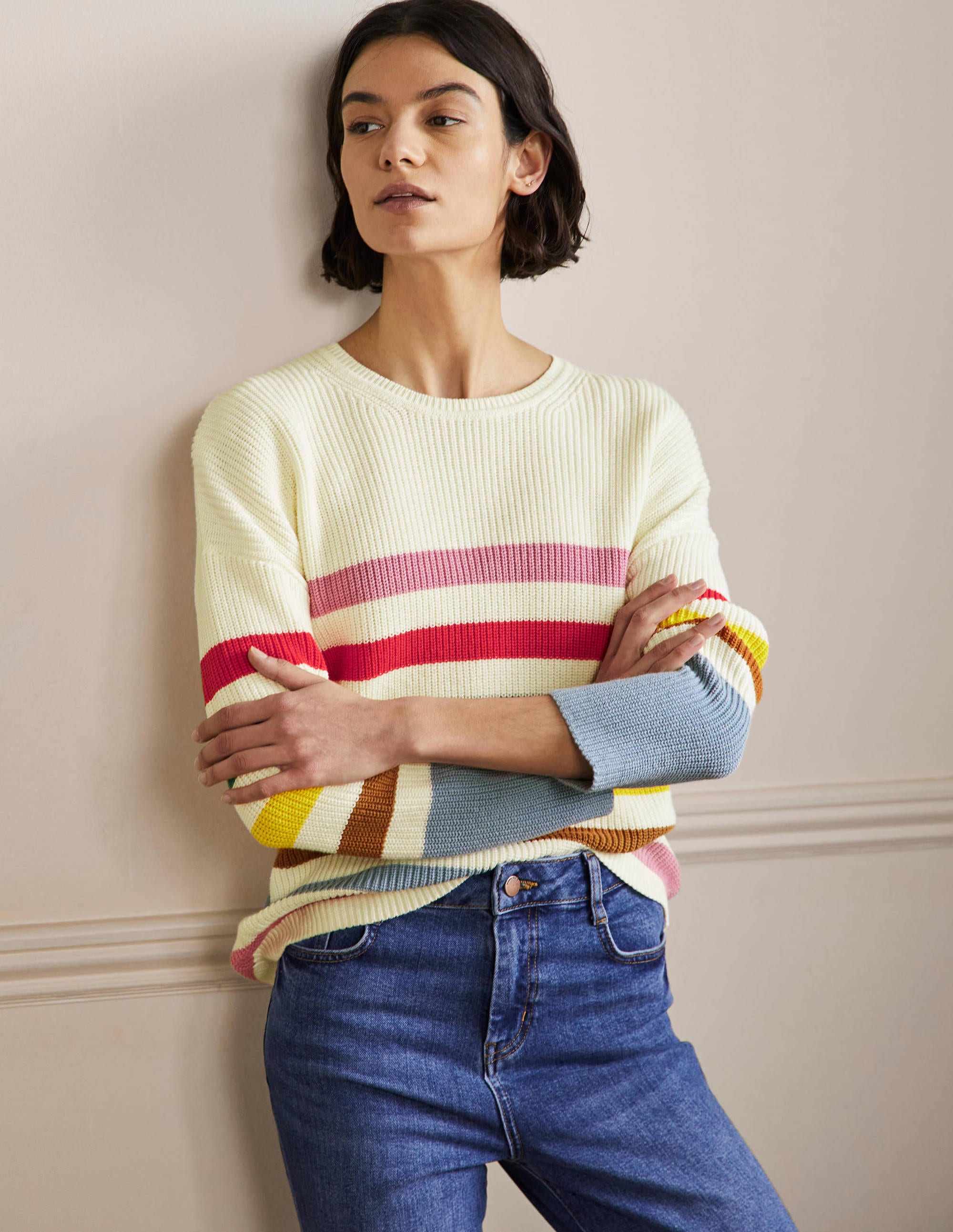Striped Wide Sleeve Jumper-Ivory, Rainbow Stripe - Image 1