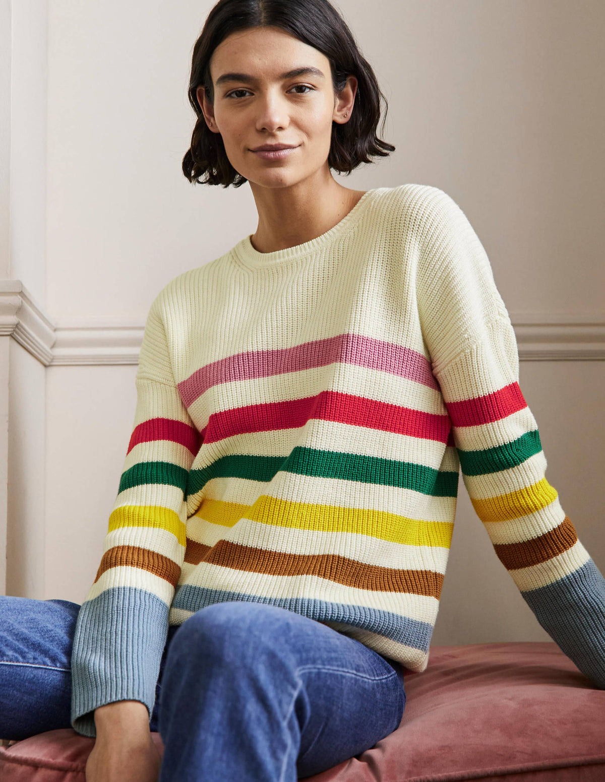 Striped Wide Sleeve Jumper-Ivory, Rainbow Stripe - Image 4