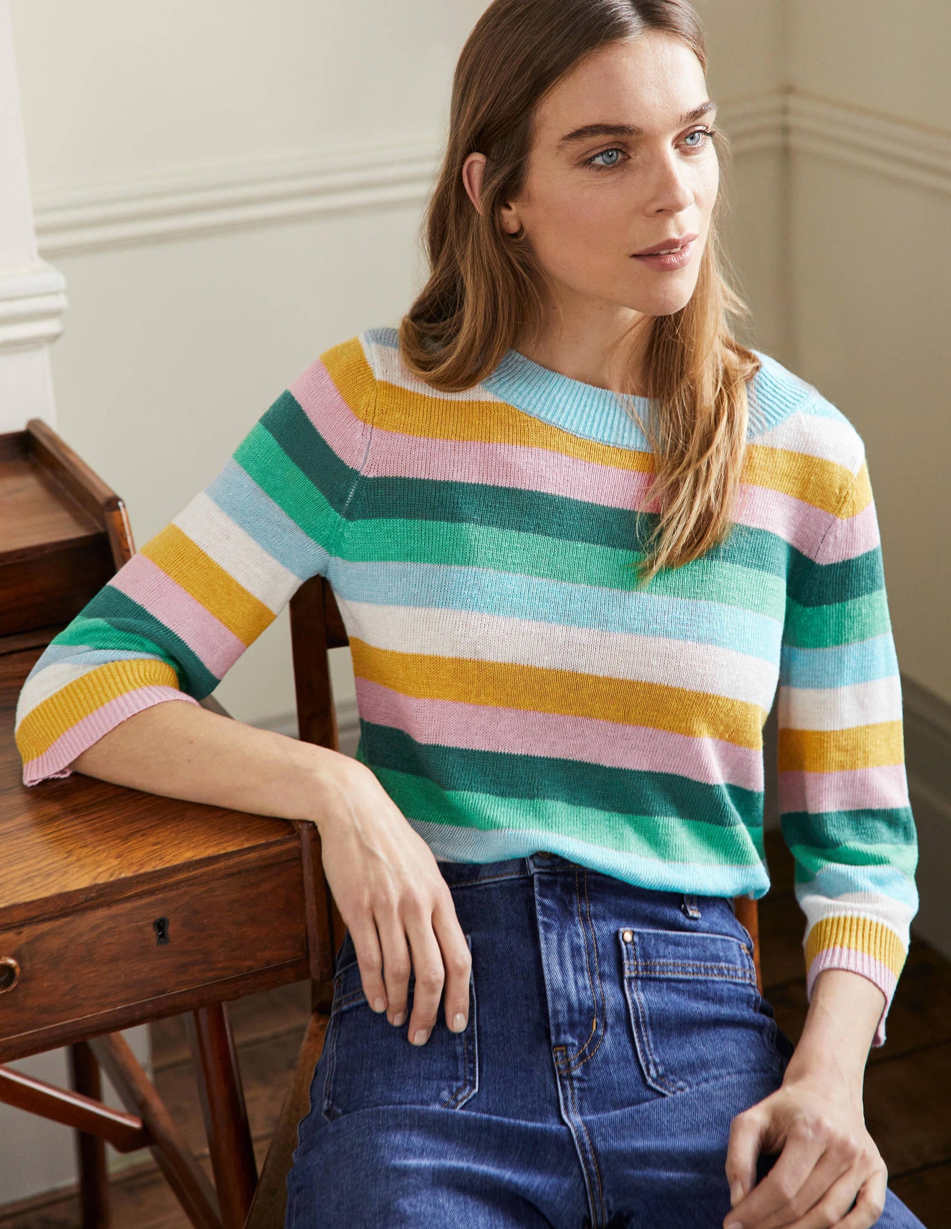 Relaxed Linen Jumper-Shady Glade, Green Rainbow-1