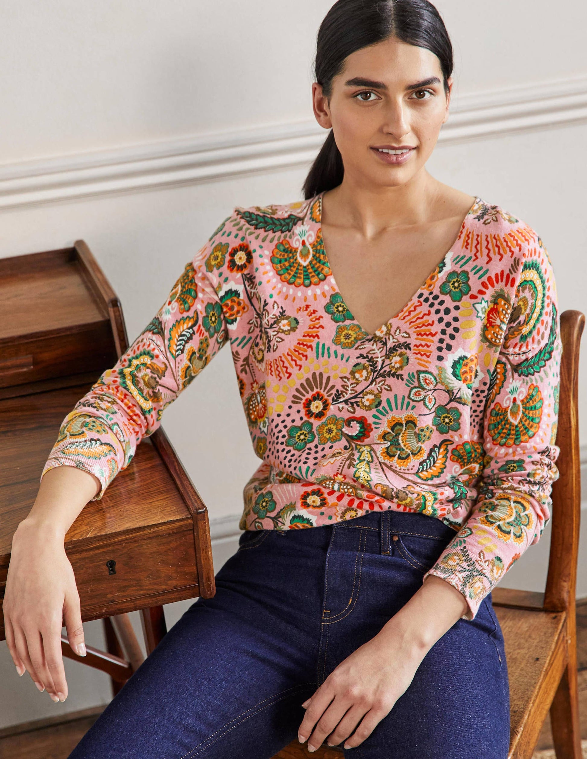 Relaxed Printed V-neck Jumper-Formica Pink, Meadow-1