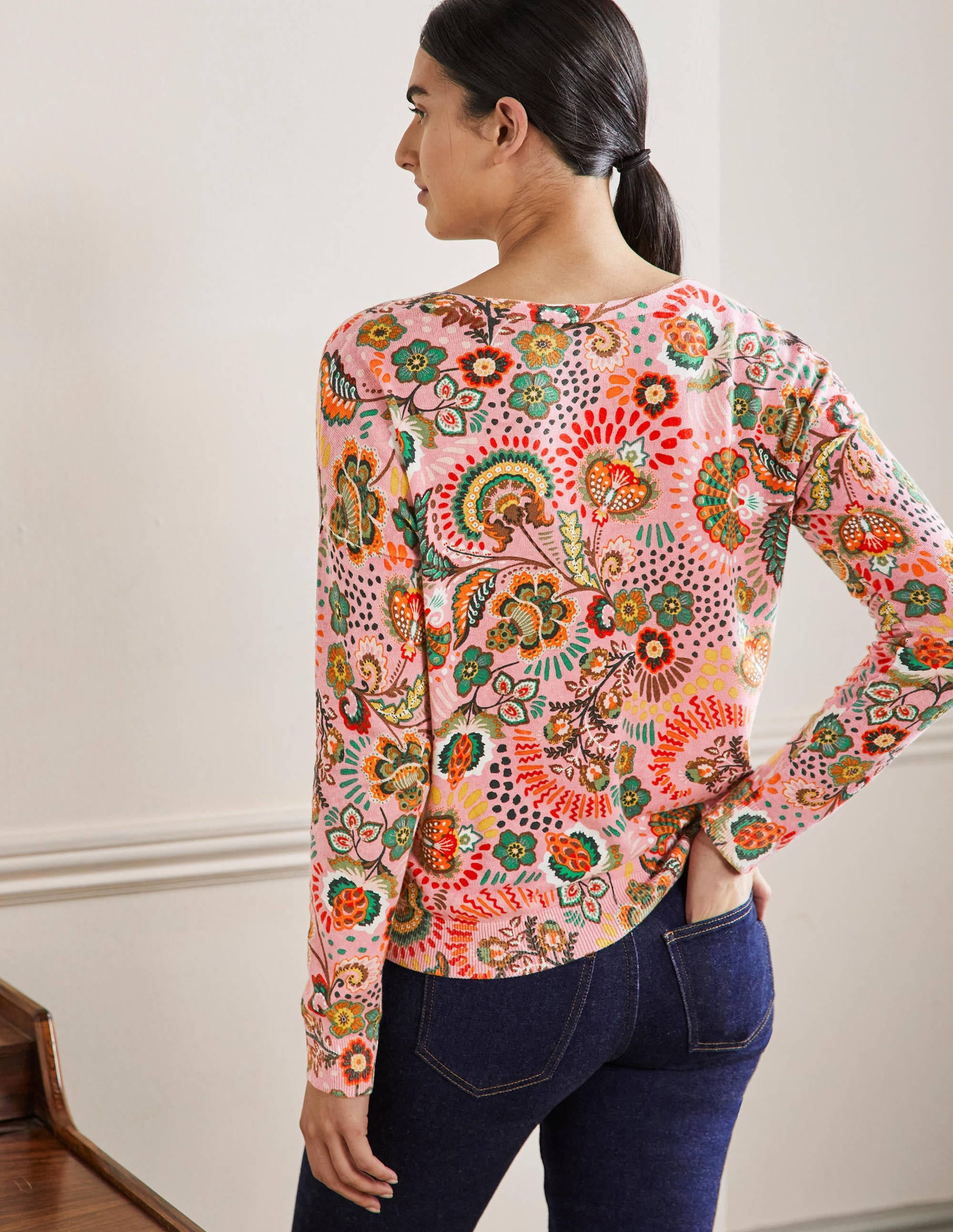 Relaxed Printed V-neck Jumper-Formica Pink, Meadow - Image 3