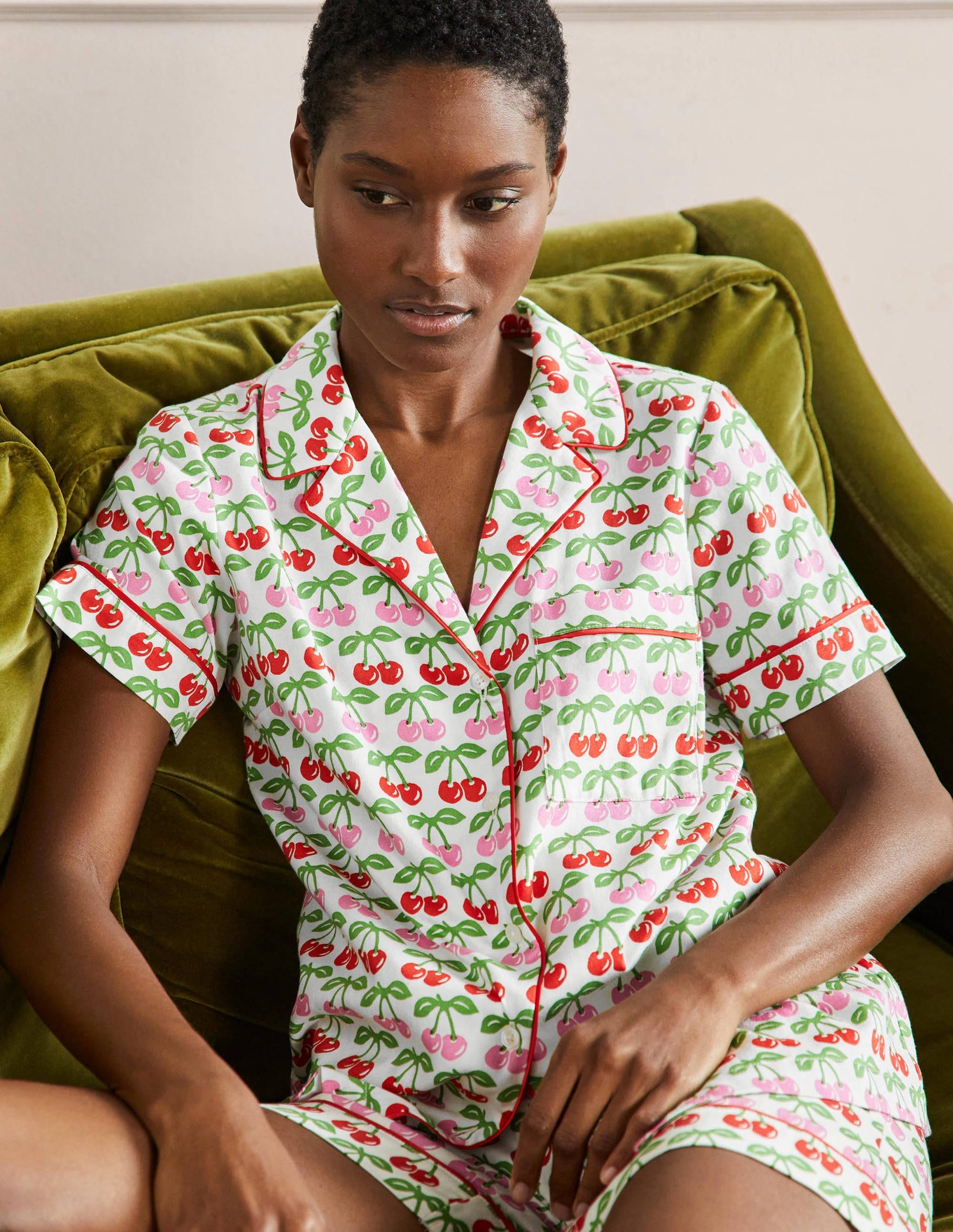 Short Sleeve Pyjama Shirt-Molly Mahon Ivory Cherries-1