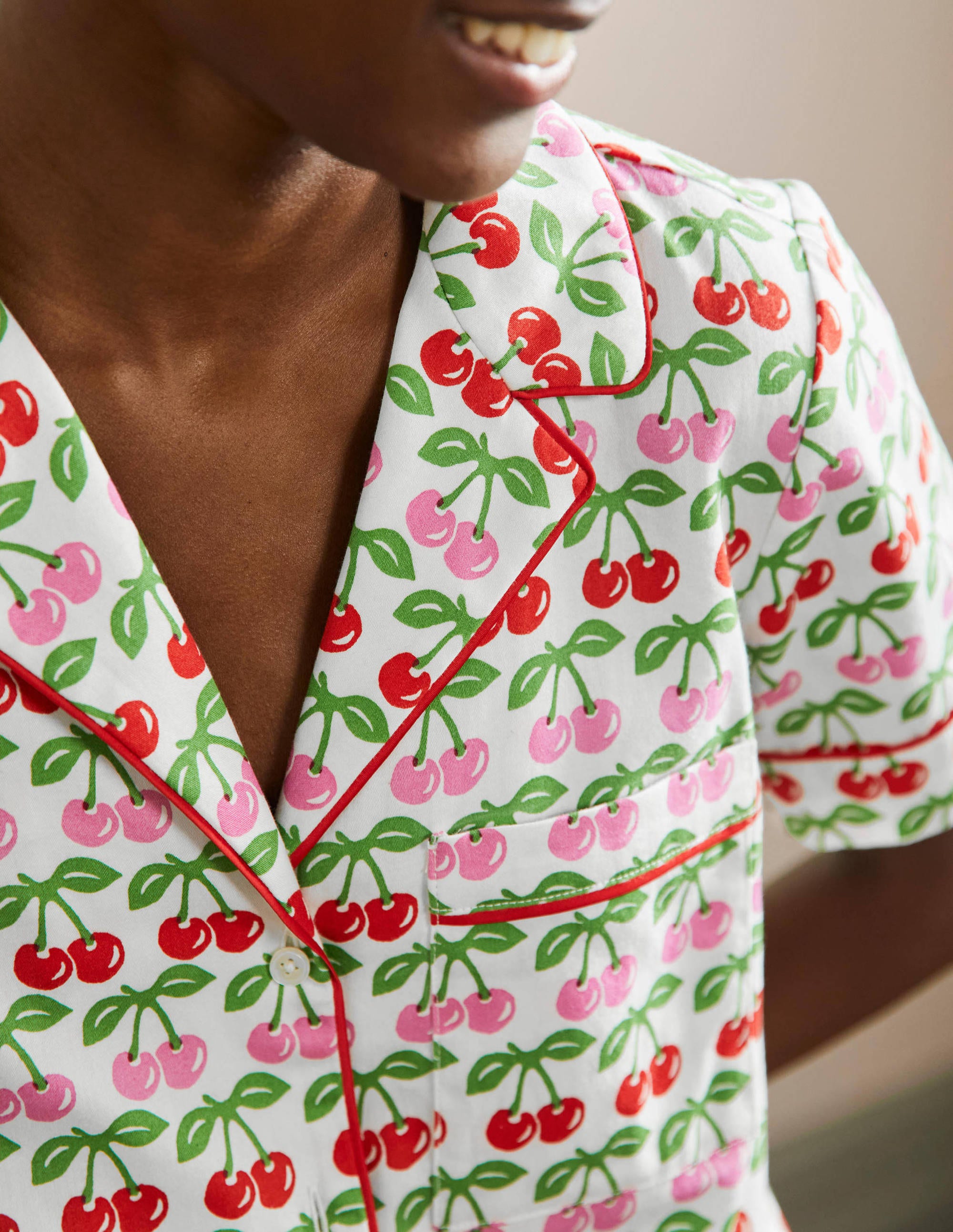 Short Sleeve Pyjama Shirt-Molly Mahon Ivory Cherries - Image 2