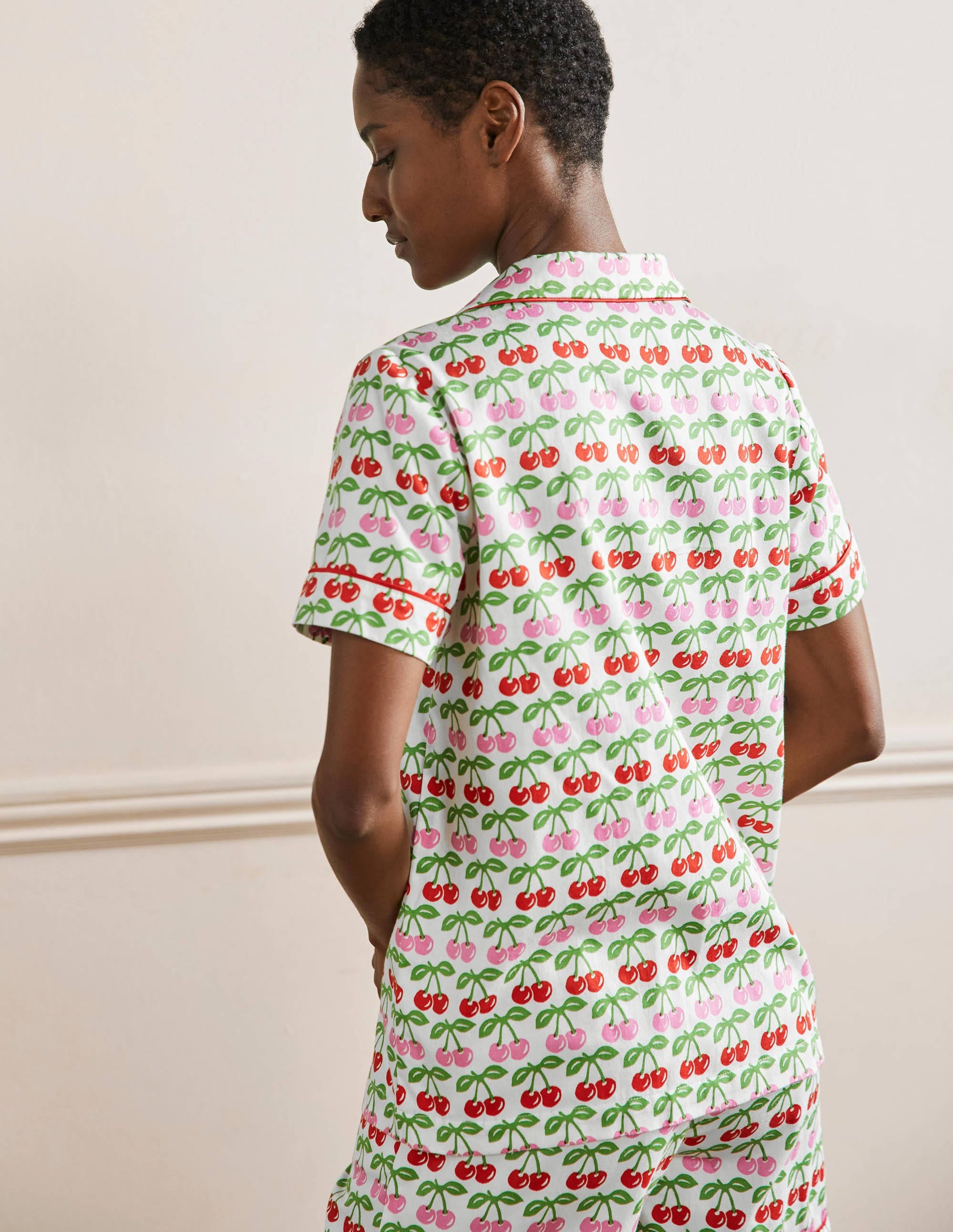 Short Sleeve Pyjama Shirt-Molly Mahon Ivory Cherries - Image 3