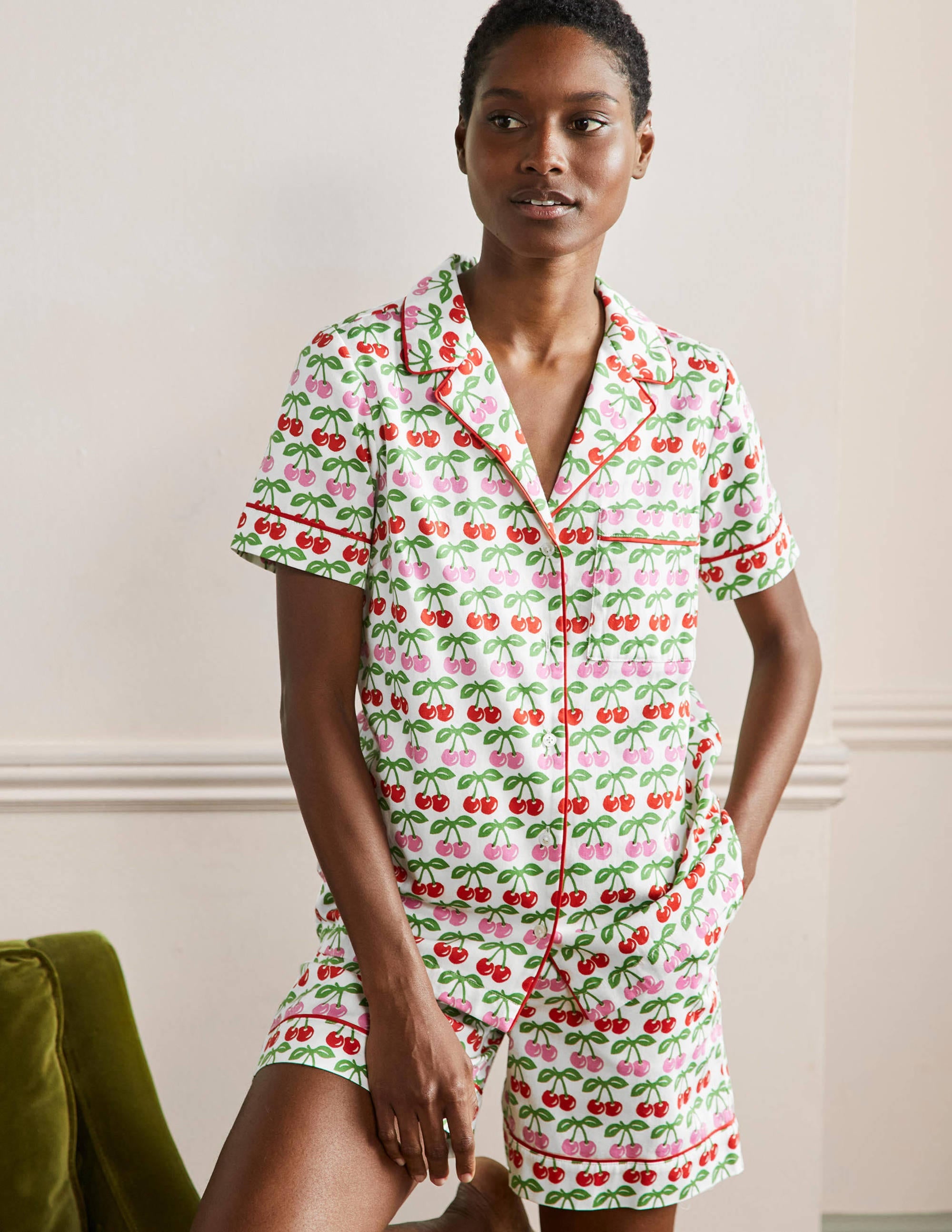 Short Sleeve Pyjama Shirt-Molly Mahon Ivory Cherries - Image 4