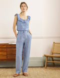 Turn Up Linen Trousers-Grey Blue Chambray