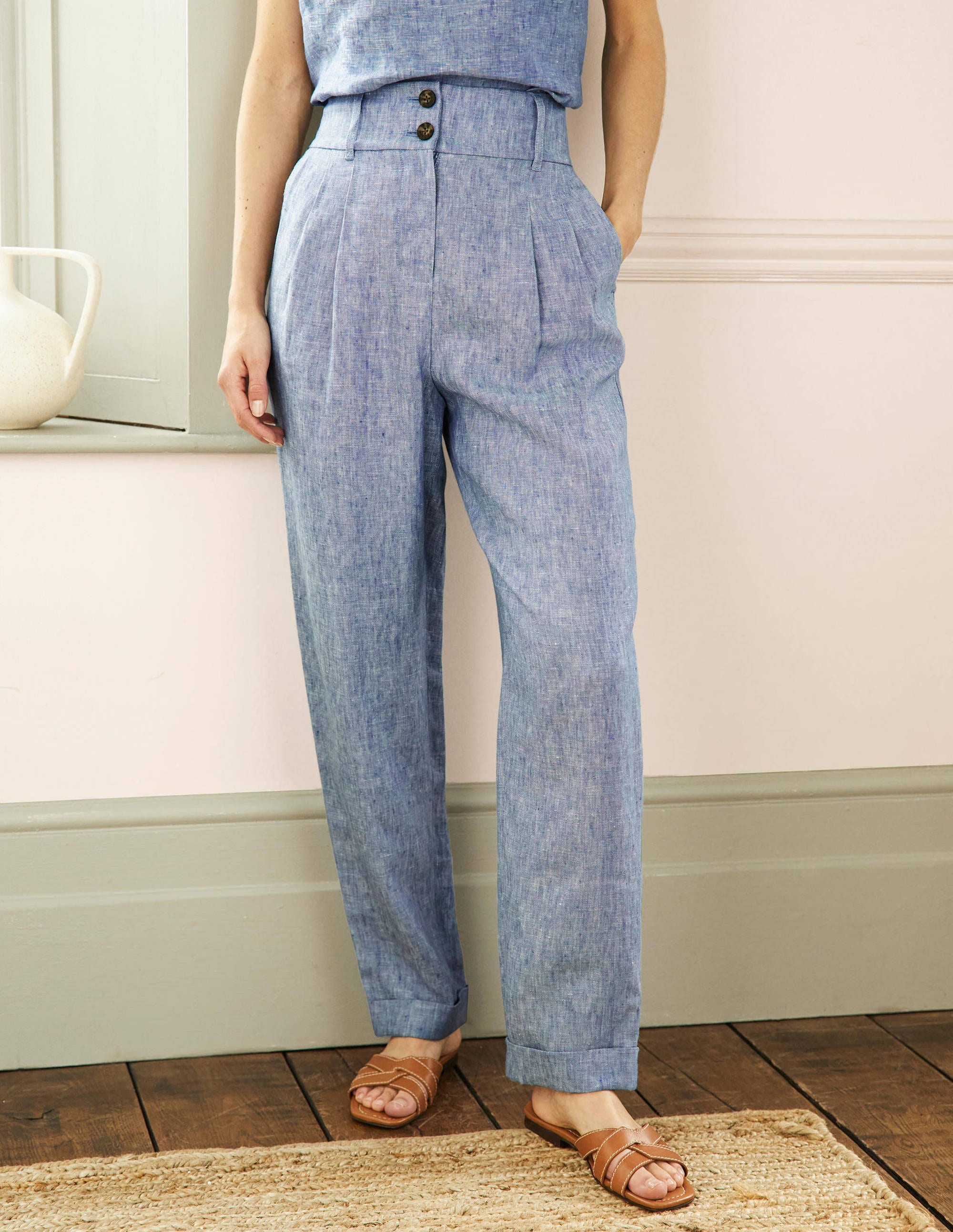 Turn Up Linen Trousers-Grey Blue Chambray - Image 4