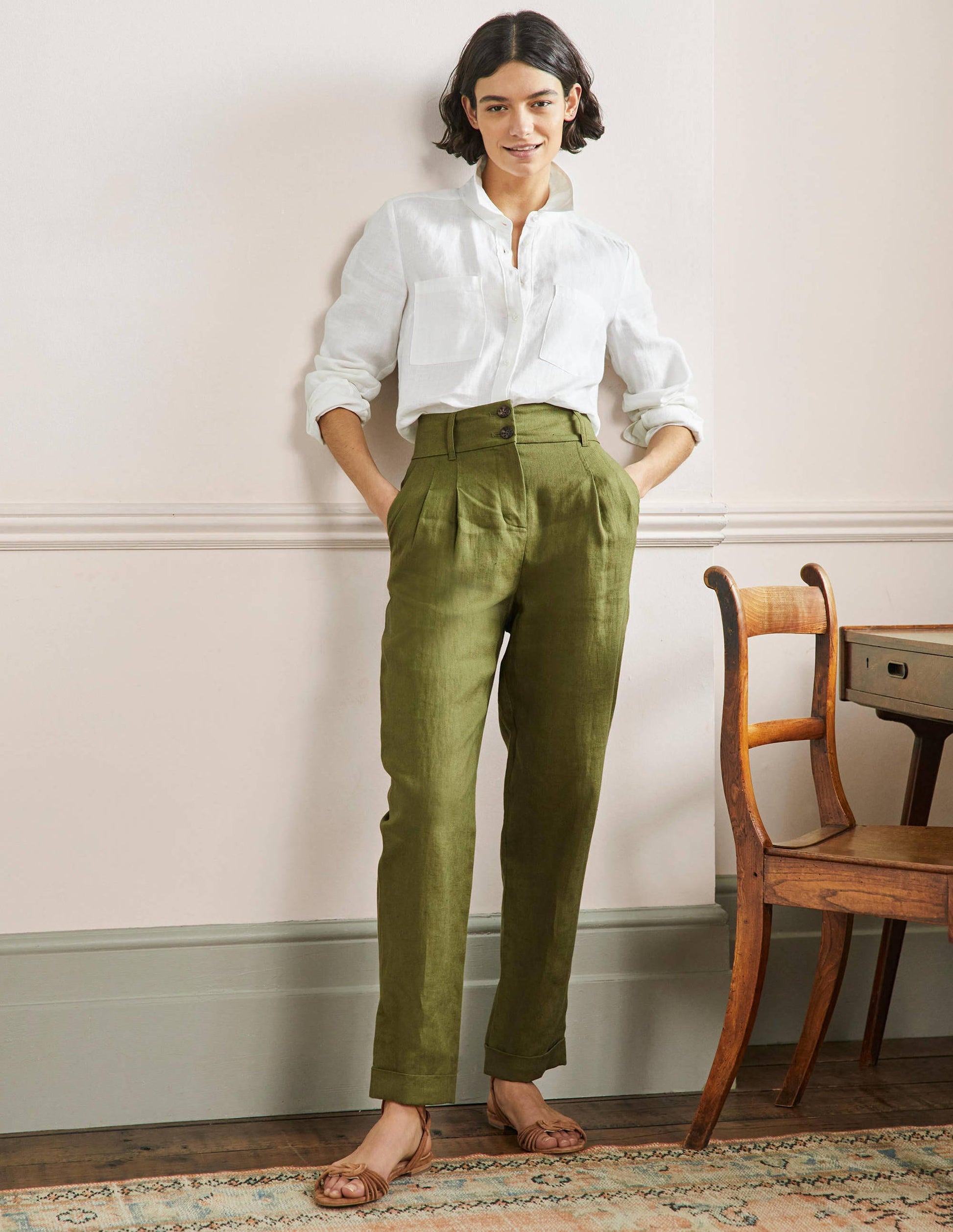 Turn Up Linen Trousers-Pea Green-1