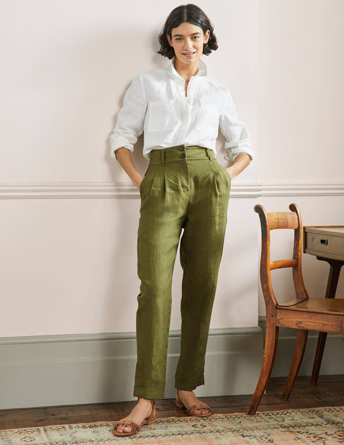 Turn Up Linen Trousers-Pea Green - Image 1