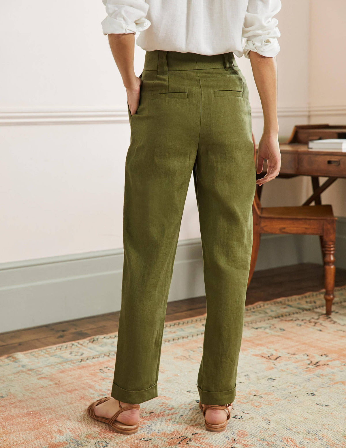 Turn Up Linen Trousers-Pea Green - Image 3