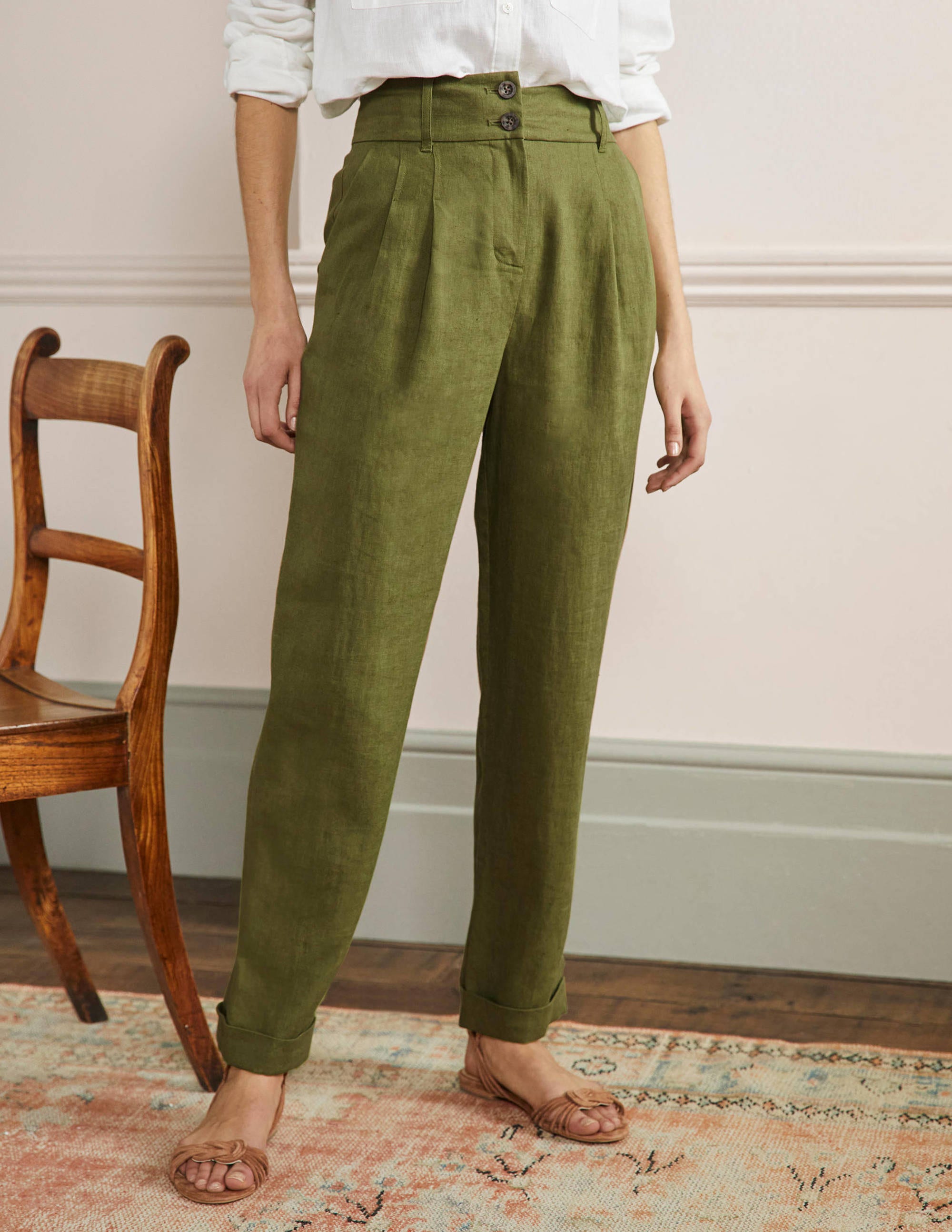 Turn Up Linen Trousers-Pea Green - Image 4