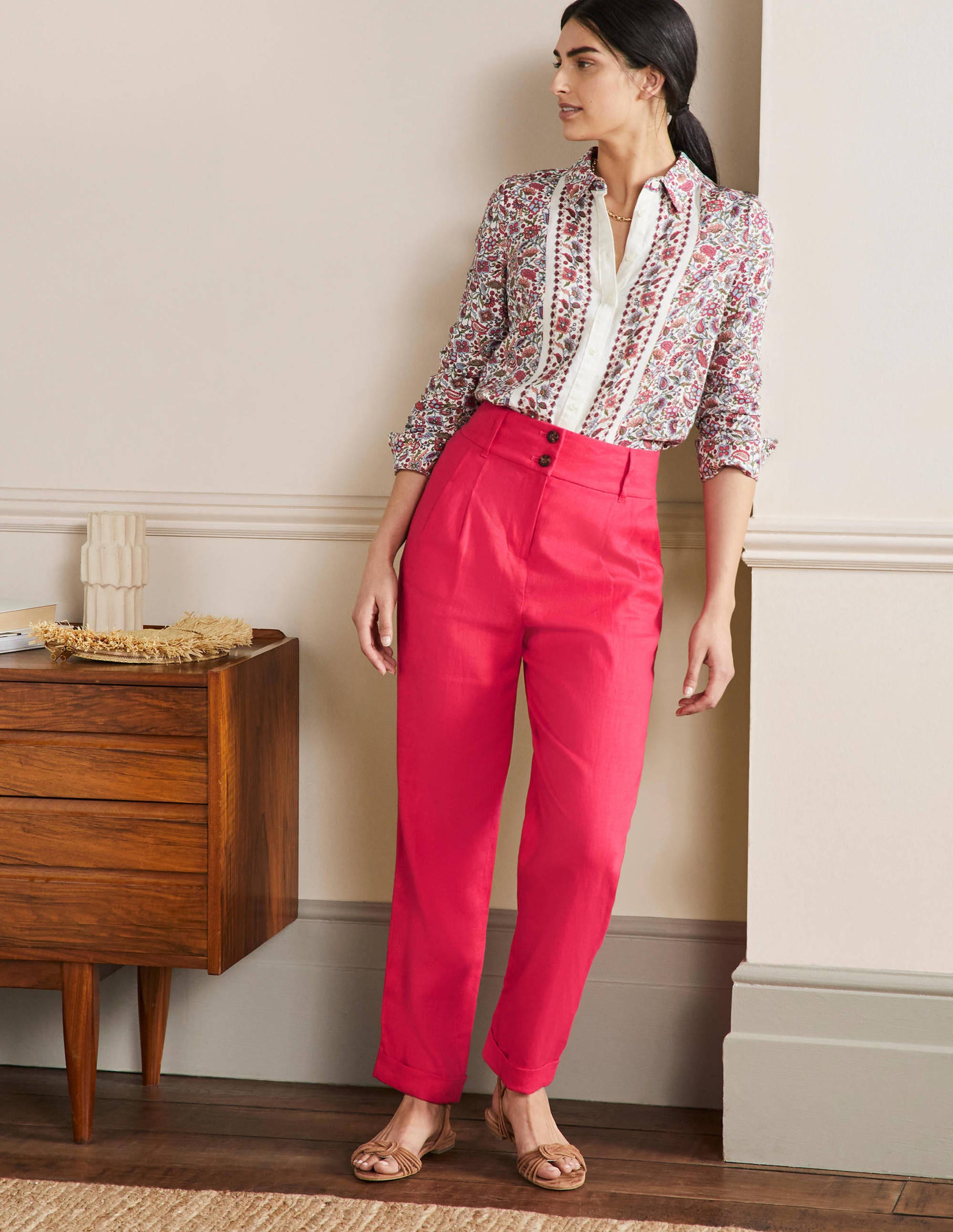 Turn Up Linen Trousers-Radish Pink - Image 1
