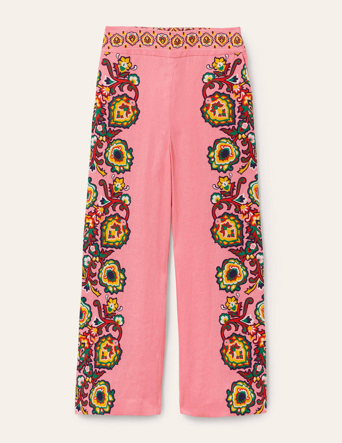 Printed Linen Trousers-Azalea, Decorative Blooms - Image 5