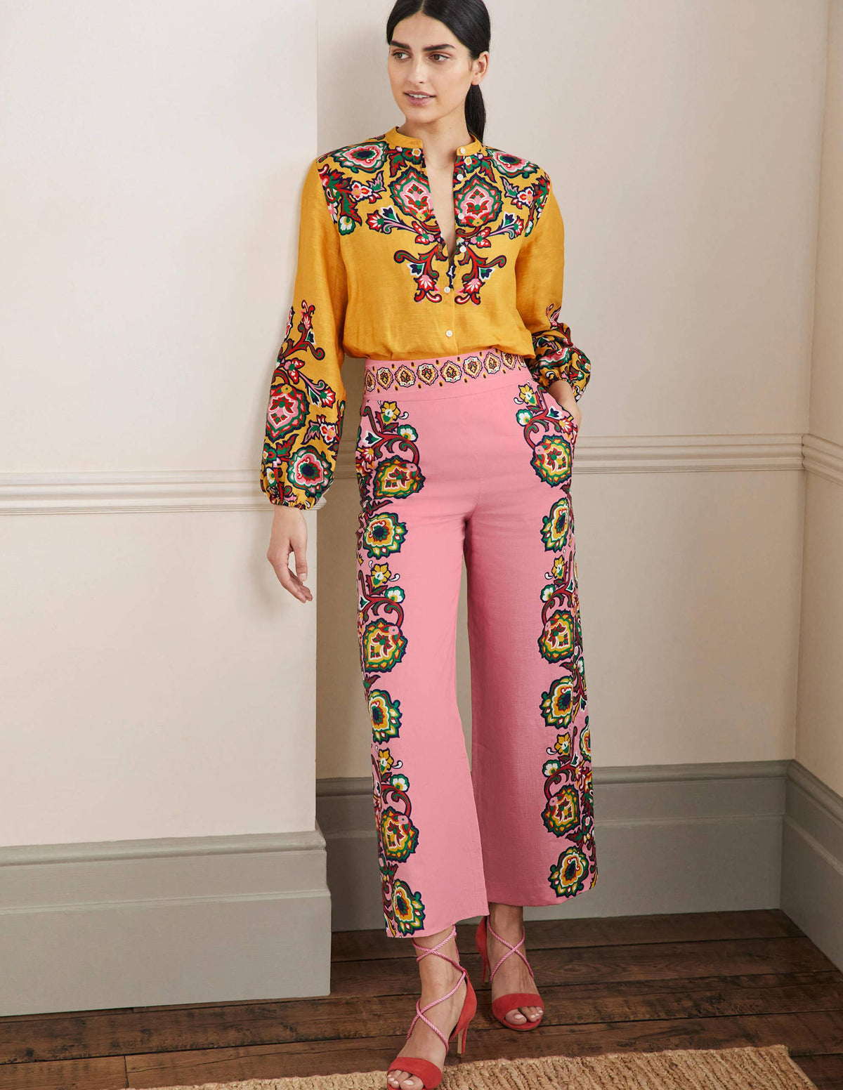 Printed Linen Trousers-Azalea, Decorative Blooms-1