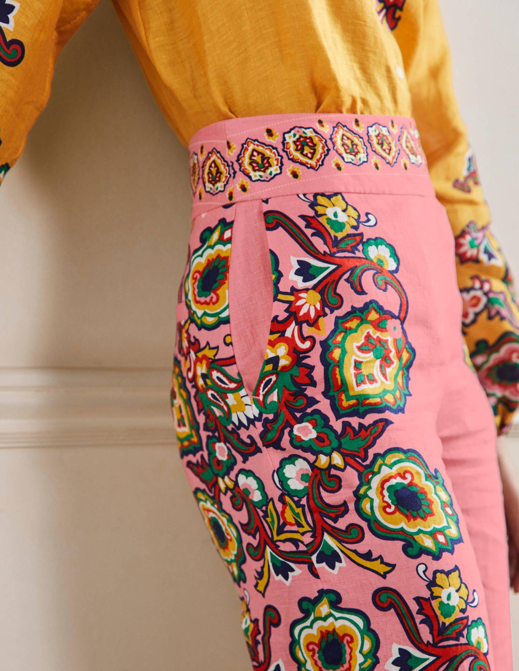 Printed Linen Trousers-Azalea, Decorative Blooms - Image 2