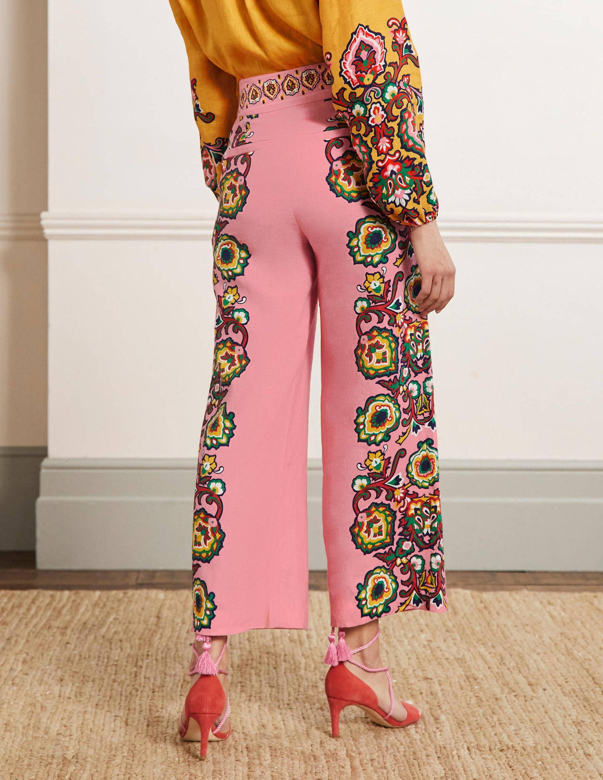 Printed Linen Trousers-Azalea, Decorative Blooms-3