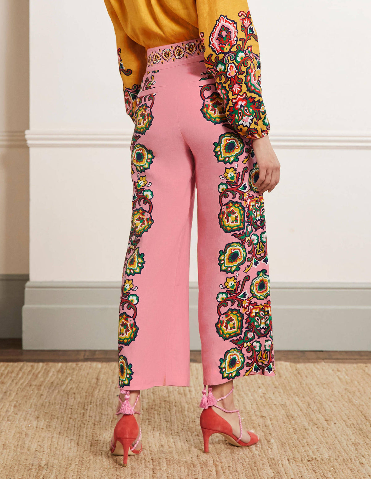 Printed Linen Trousers-Azalea, Decorative Blooms - Image 3
