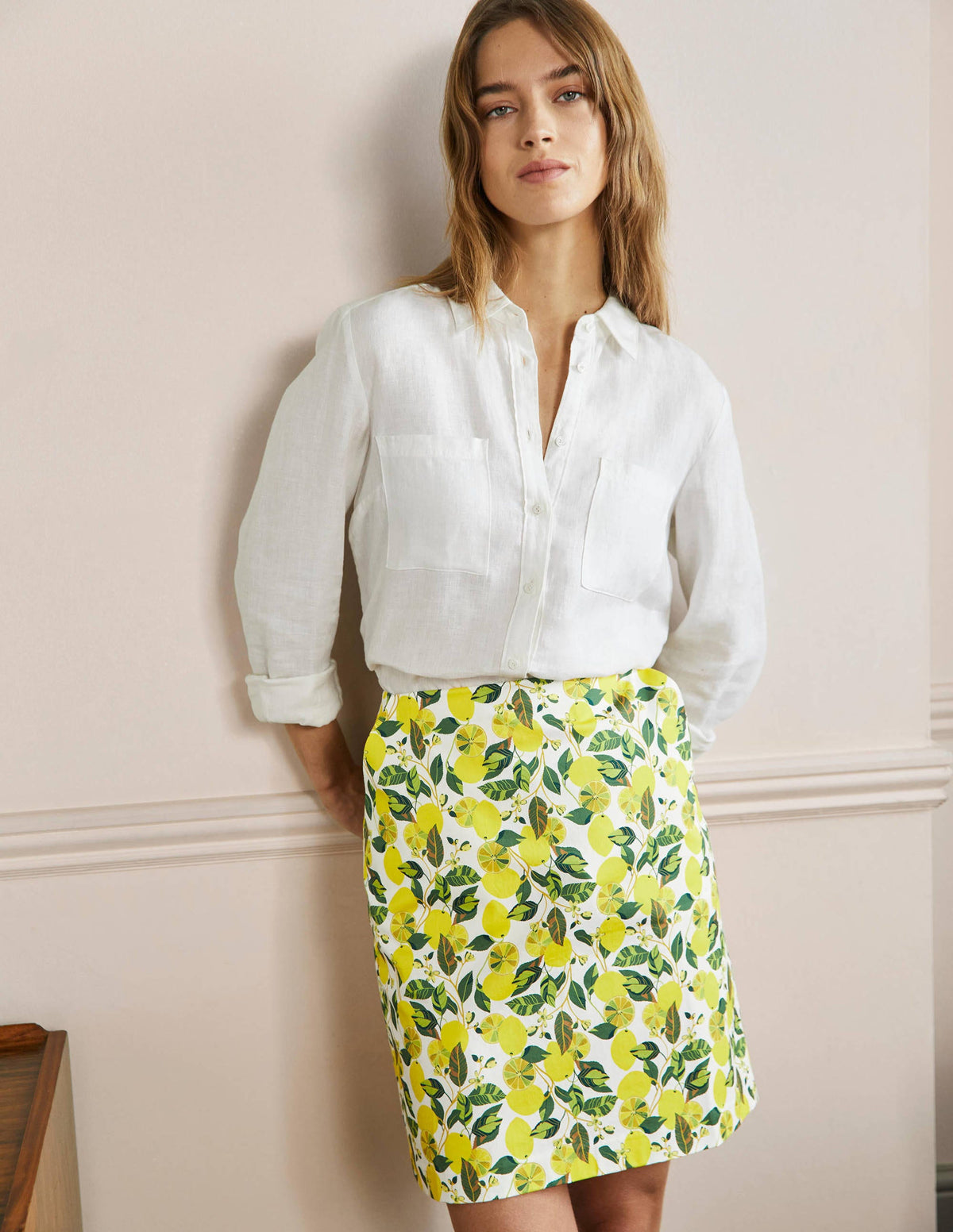 Printed A-line Mini Skirt-Ivory, Lemon Vine - Image 1