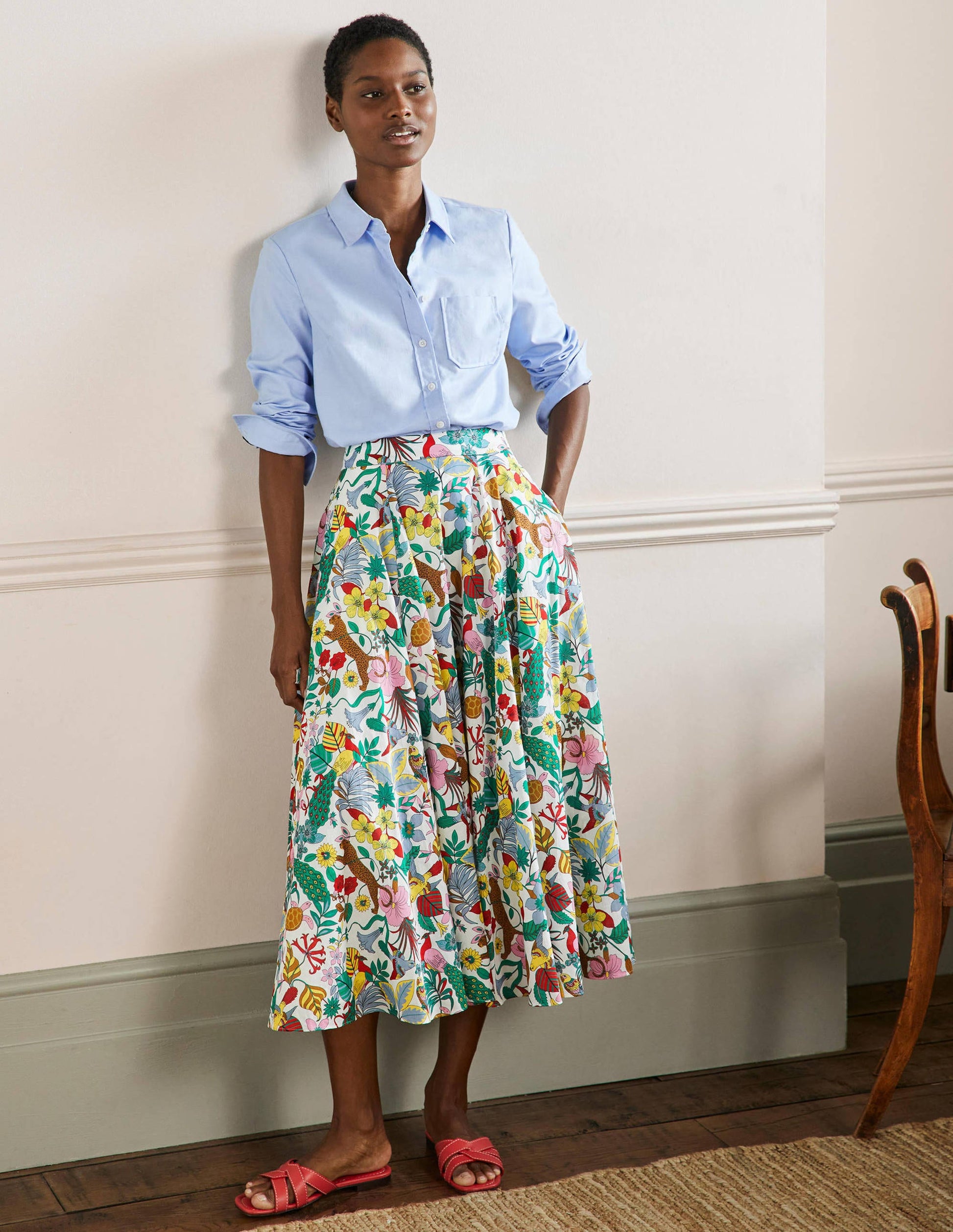 Full Cotton Midi Skirt-Multi, Exotic Paradise-1