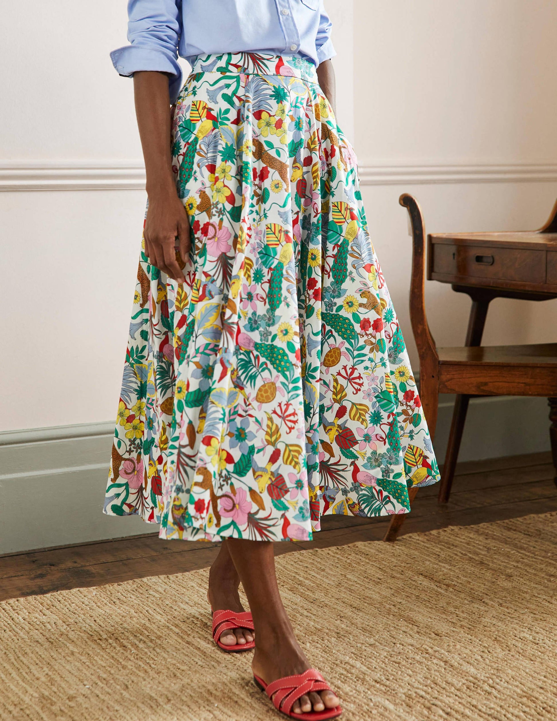 Full Cotton Midi Skirt-Multi, Exotic Paradise-4