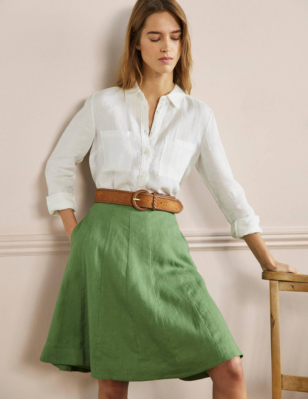 Panelled Linen Mini Skirt-English Ivy Green - Image 1