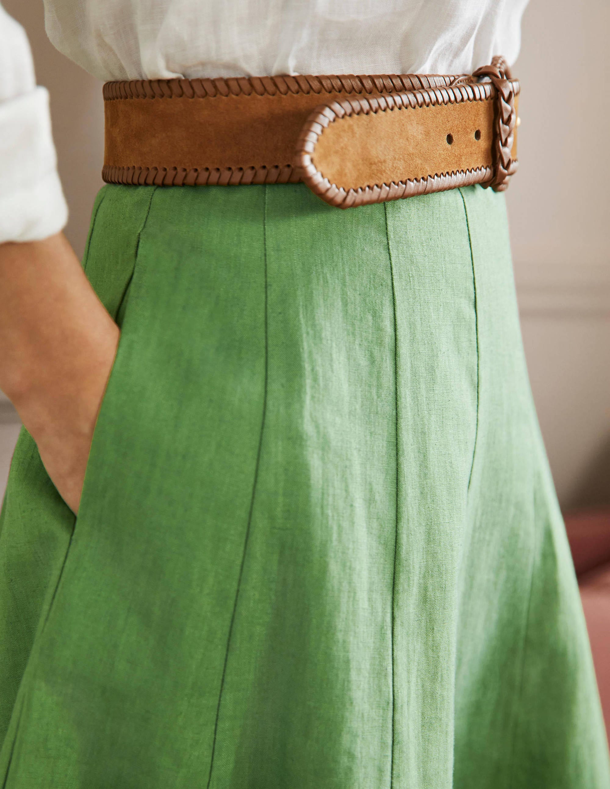 Panelled Linen Mini Skirt-English Ivy Green - Image 2