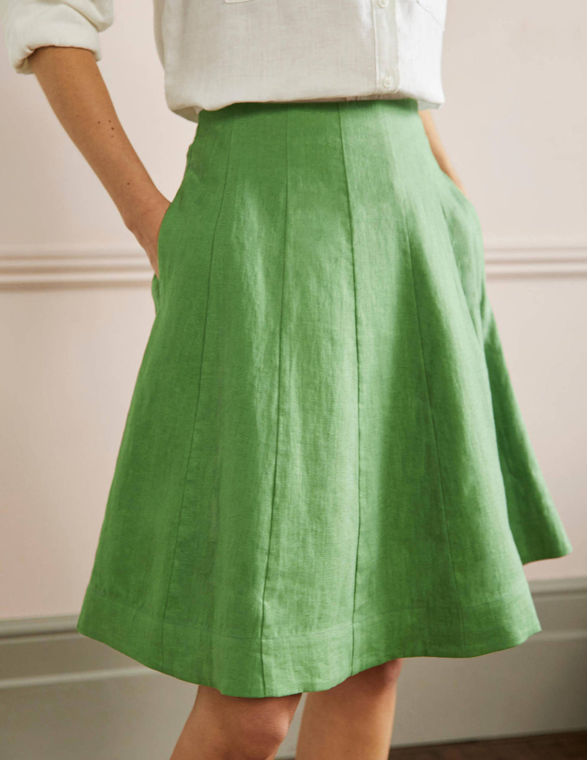 Panelled Linen Mini Skirt-English Ivy Green-4