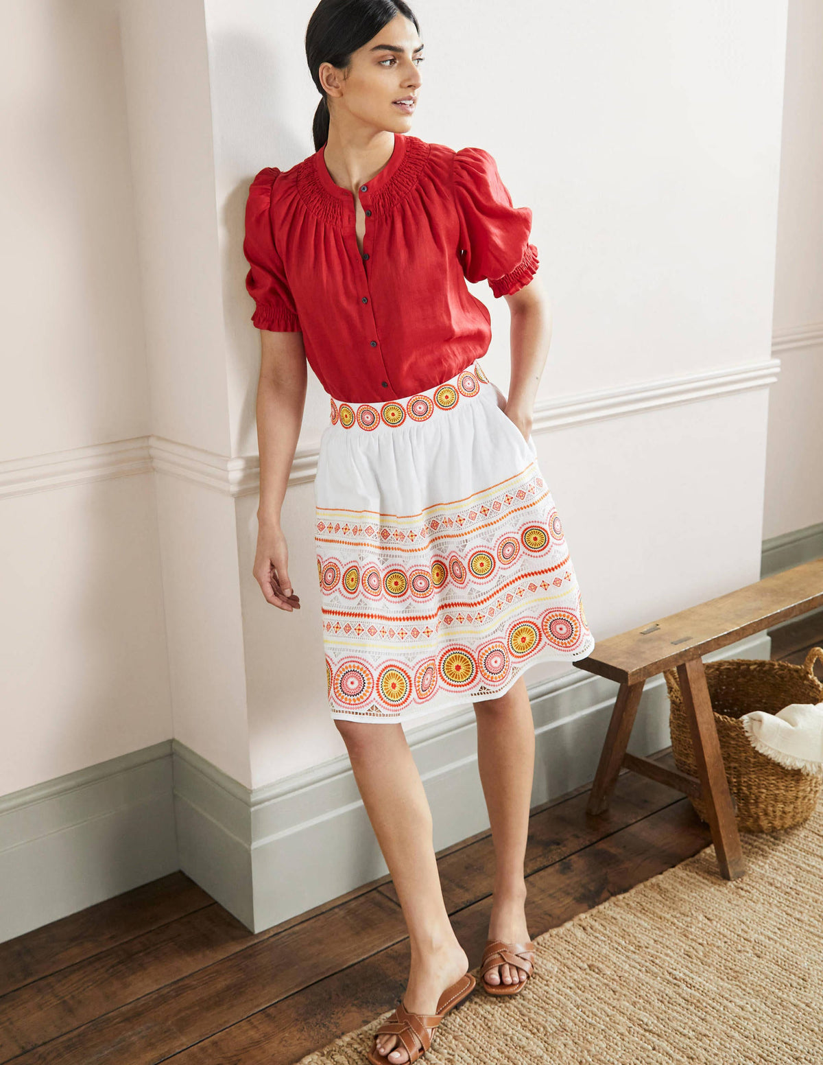 Tamsin Embroidered Linen Skirt-White, Embroidery - Image 1