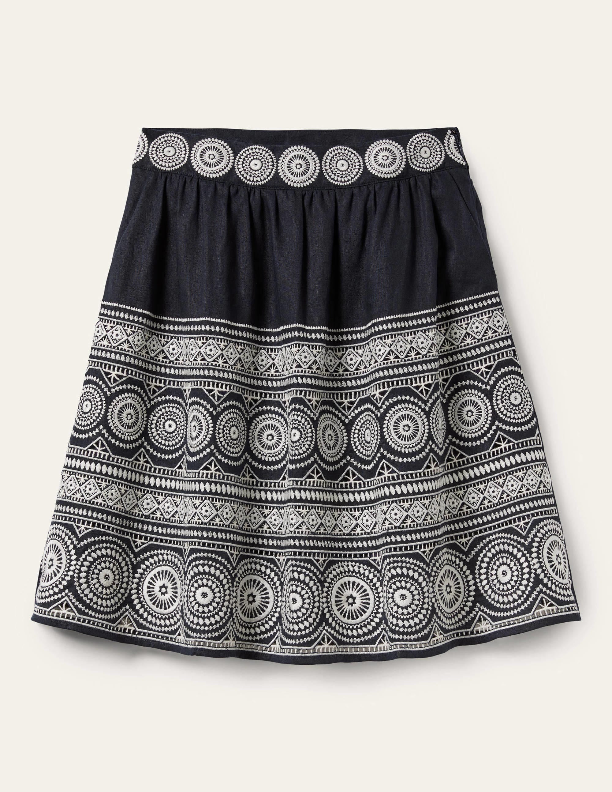 Tamsin Embroidered Linen Skirt-Navy, Embroidery - Image 6